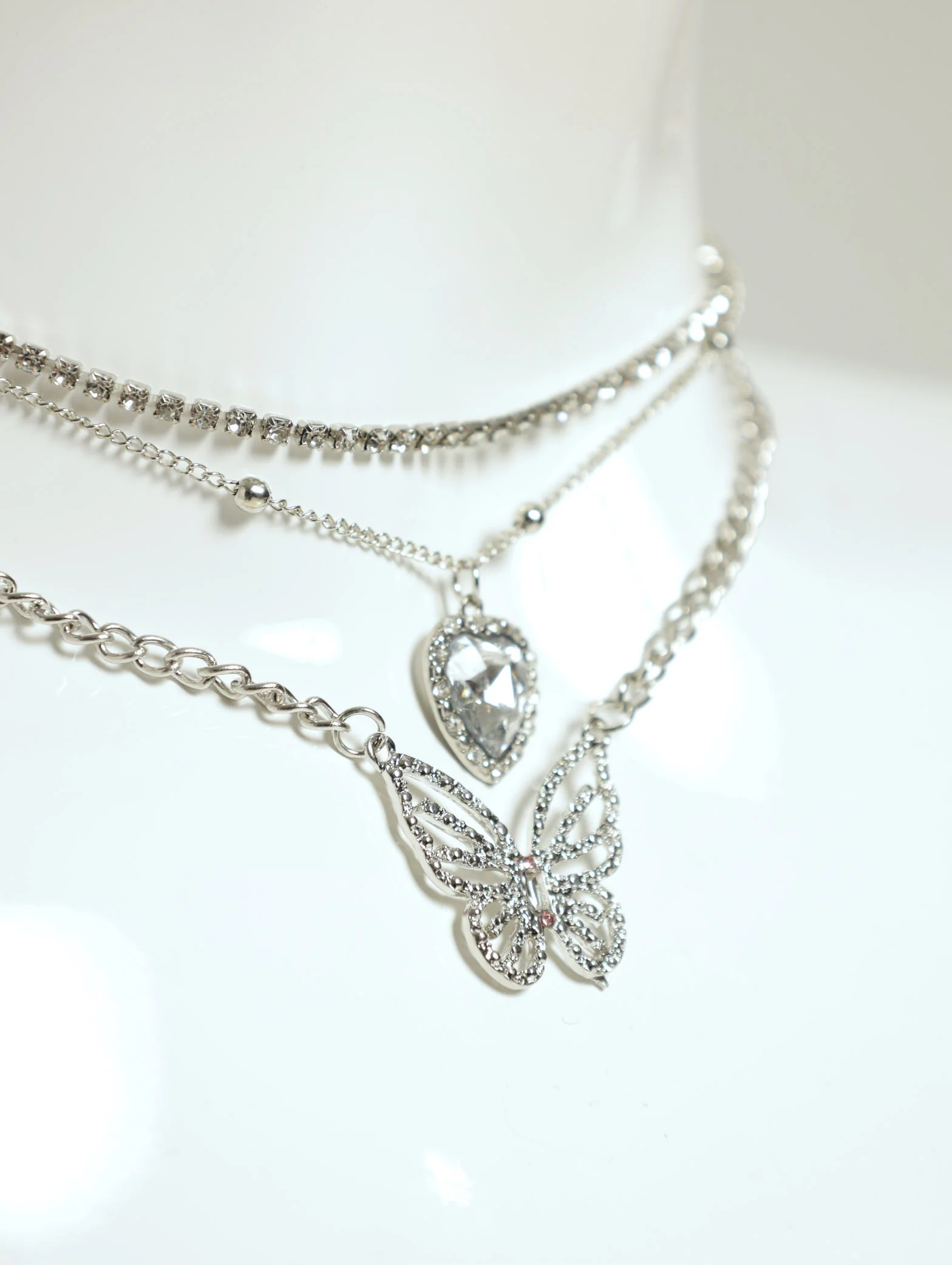 3 Layer Diamante Heart & Butterfly Necklace - Silver - Image 2