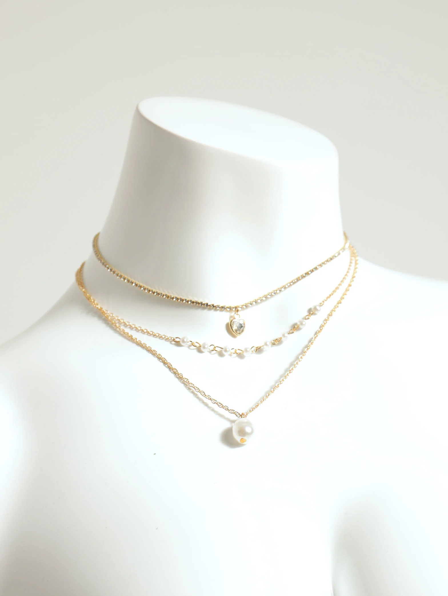 3 Layer Diamante Heart & Pearl Pendant Necklace