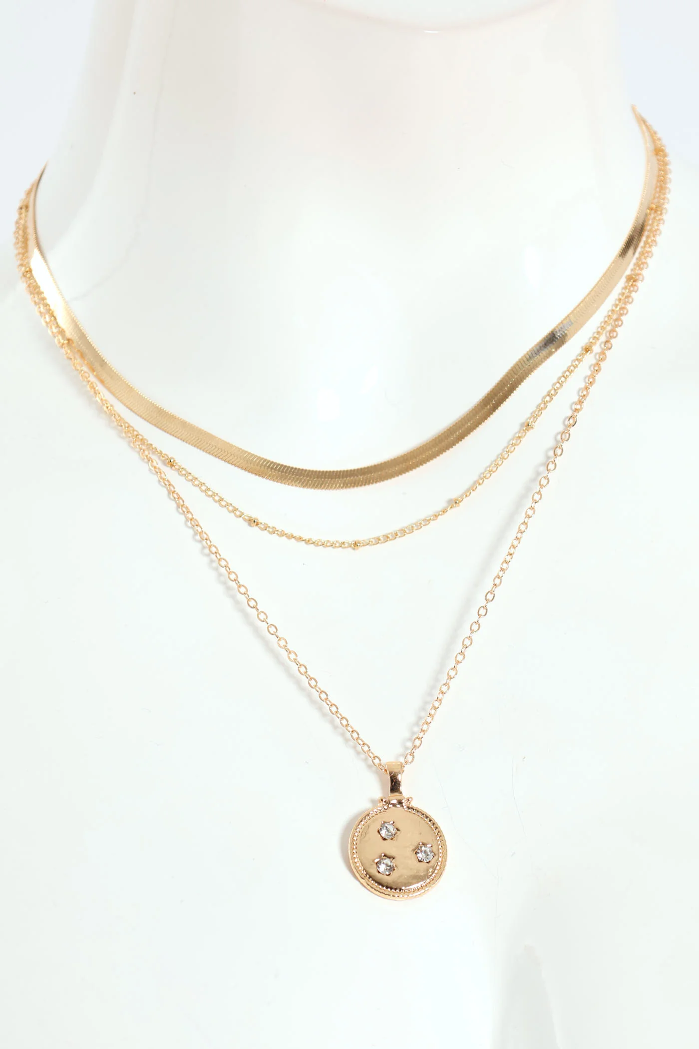 3 Layer Diamante Pendant & Snake Chain Necklace - Gold