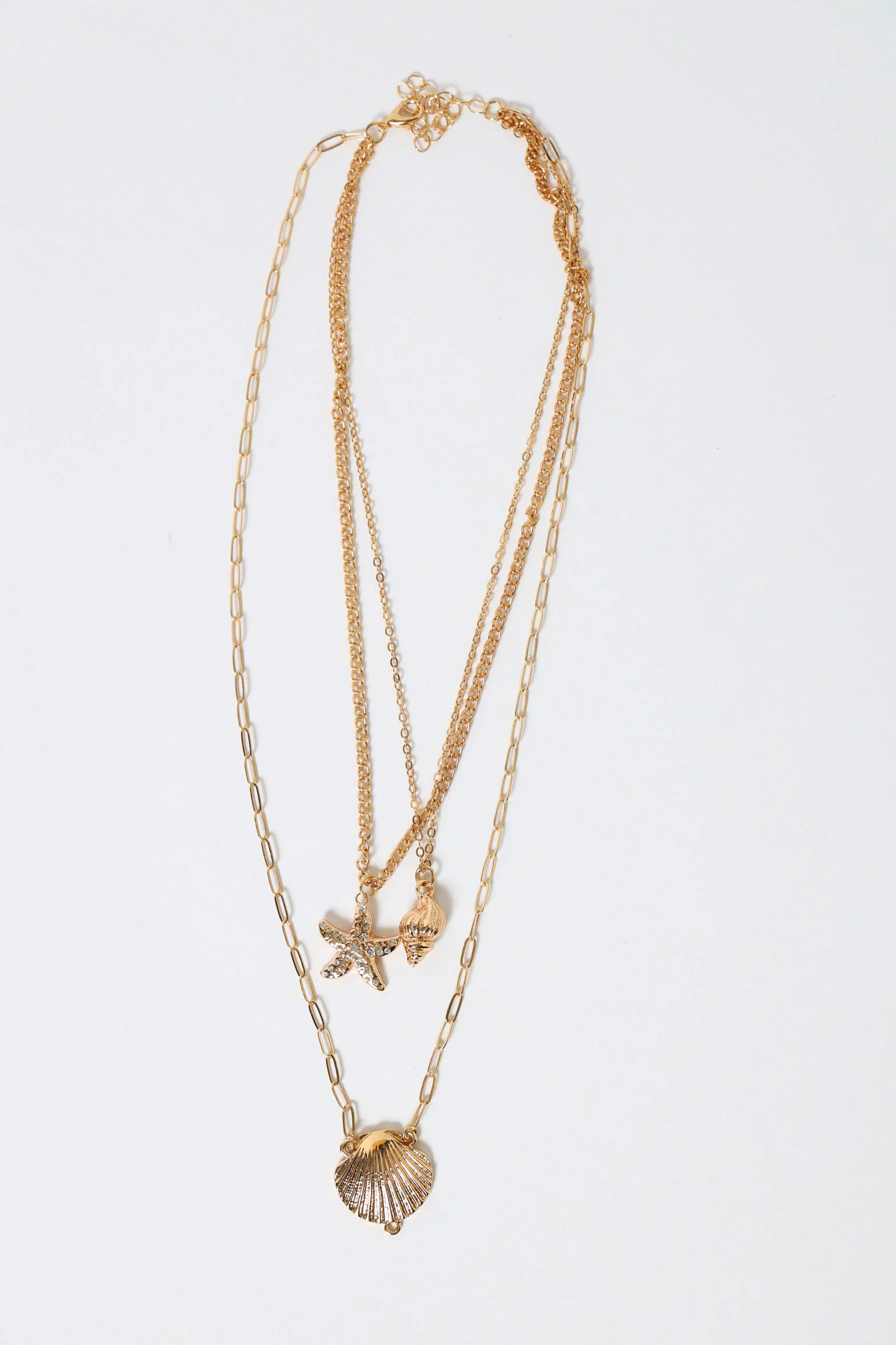 3 Layer Diamante Shell Pendant Necklace - Gold - Image 2