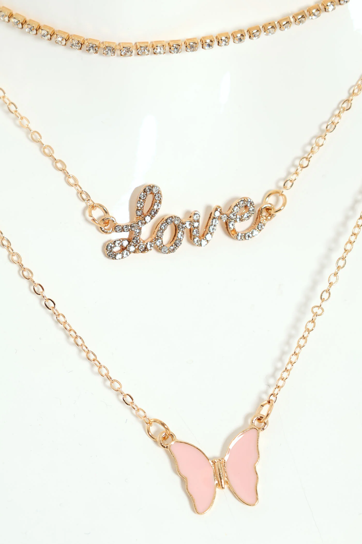 3 Layer Diamante, Slogan & Gem Butterfly Necklace - Gold - Image 2