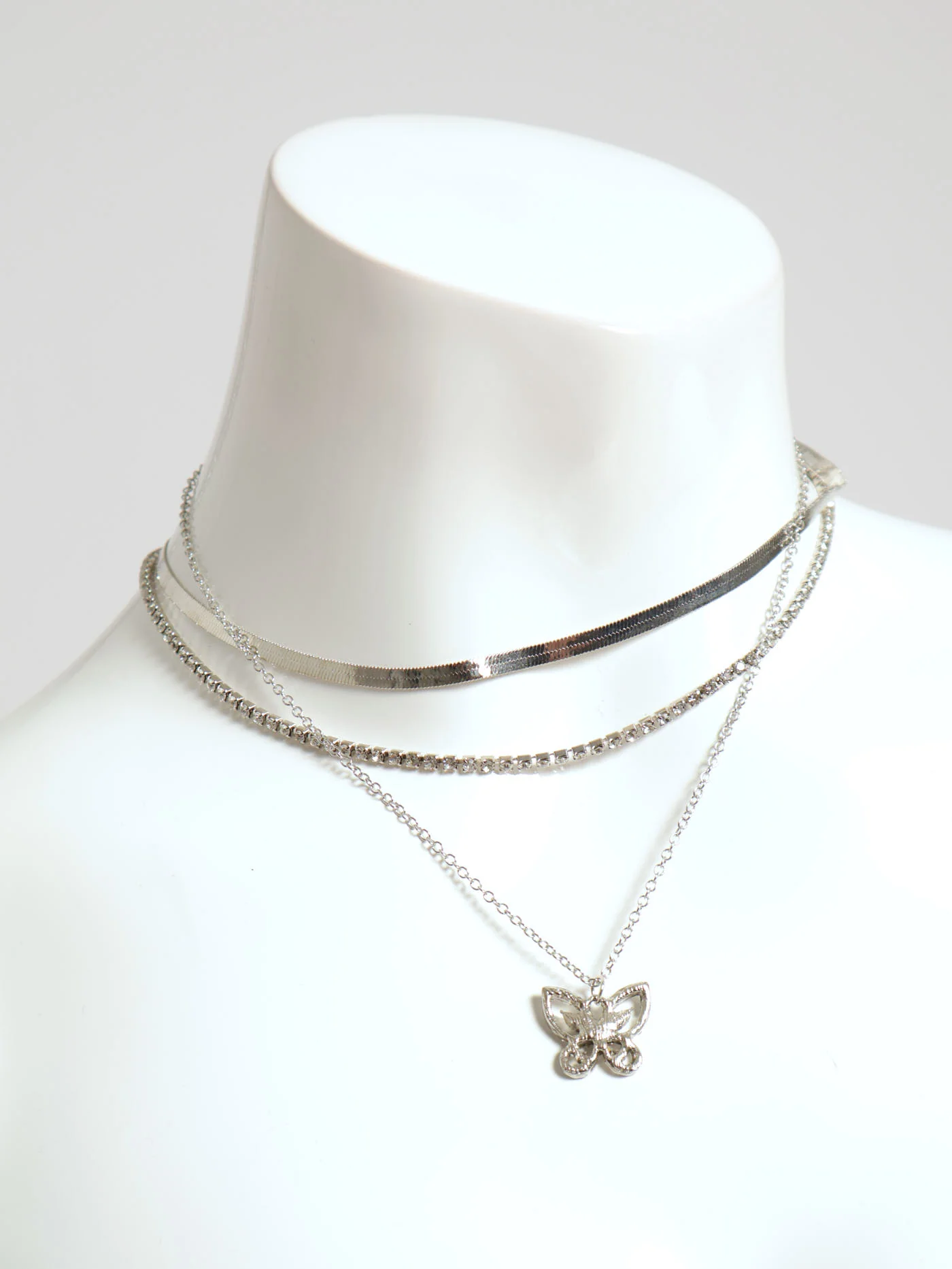 3 Layer Diamante, Snake Chain & Butterfly Necklace - Silver