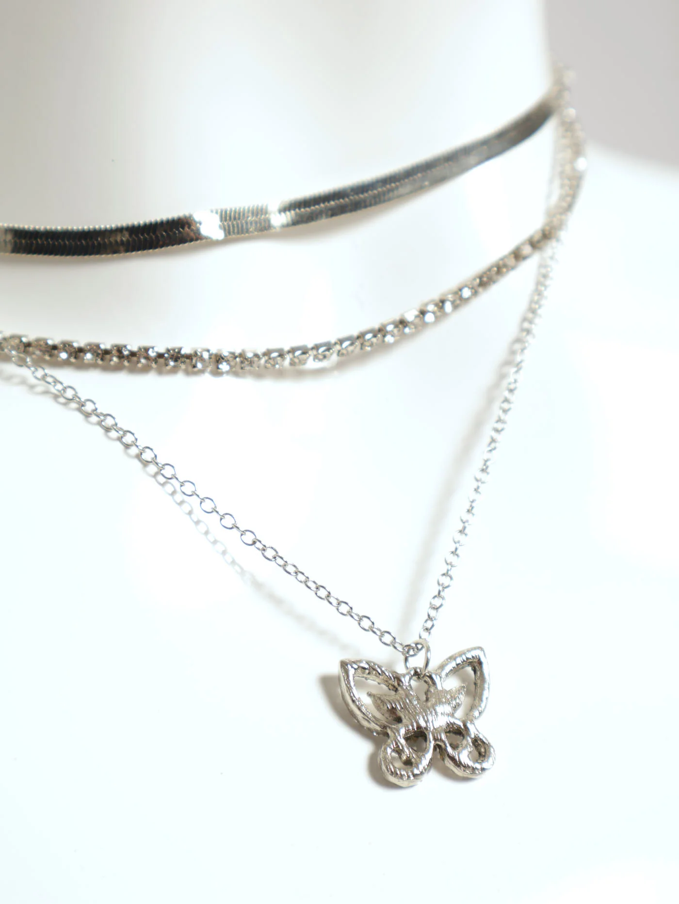 3 Layer Diamante, Snake Chain & Butterfly Necklace - Silver - Image 2