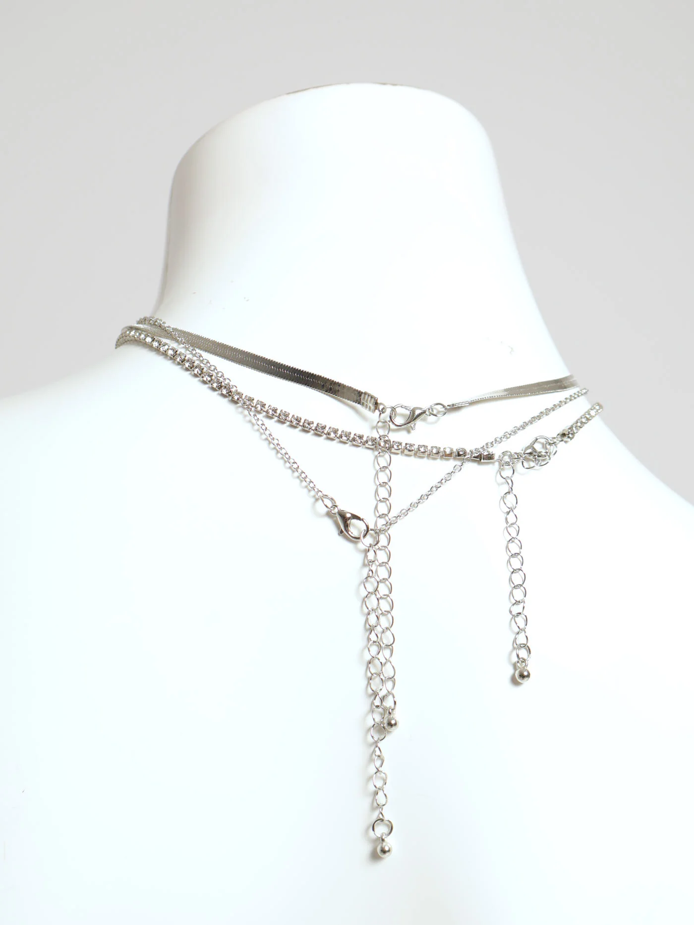 3 Layer Diamante, Snake Chain & Butterfly Necklace - Silver - Image 3