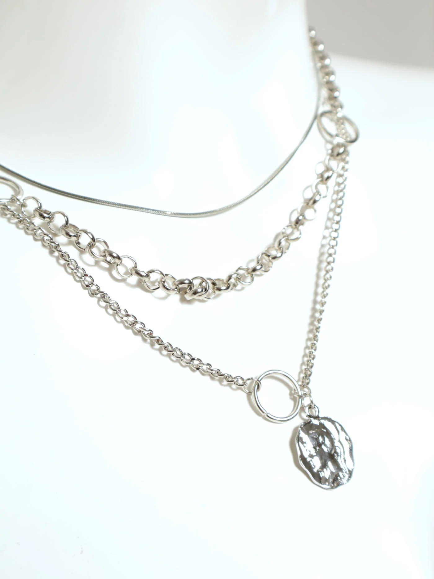 3 Layer Disc & Pendant Necklace - Silver - Image 3