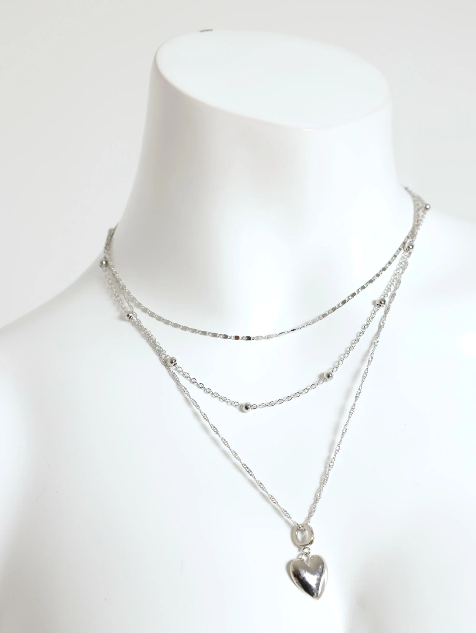 3 Layer Flat Chain And Heart Pendant Necklace