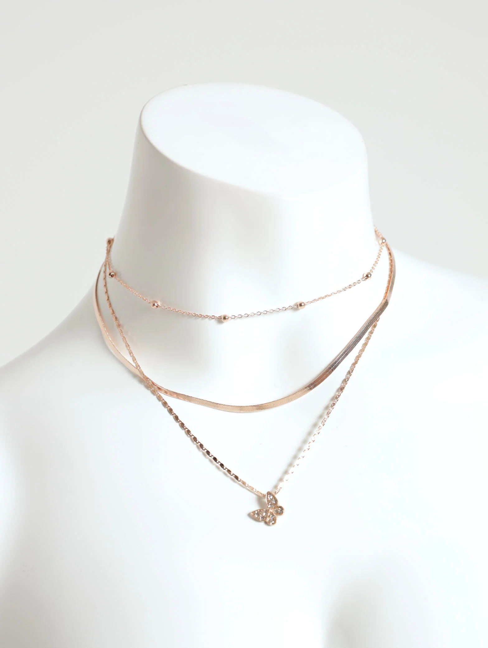 3 Layer Flat Chain Diamante Butterfly Pendant & Earring