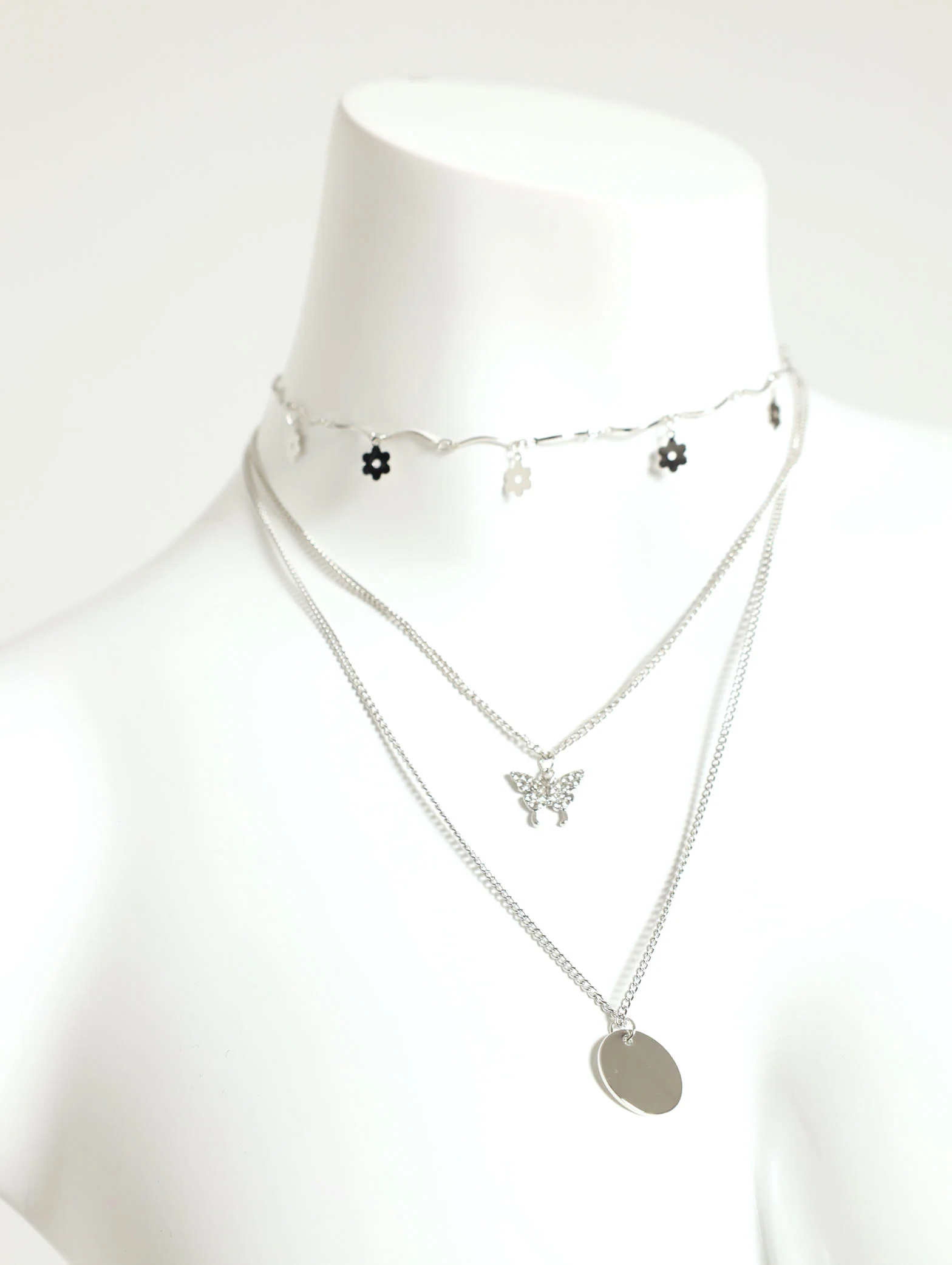 3 Layer Flower Butterfly And Disc Charm Necklace