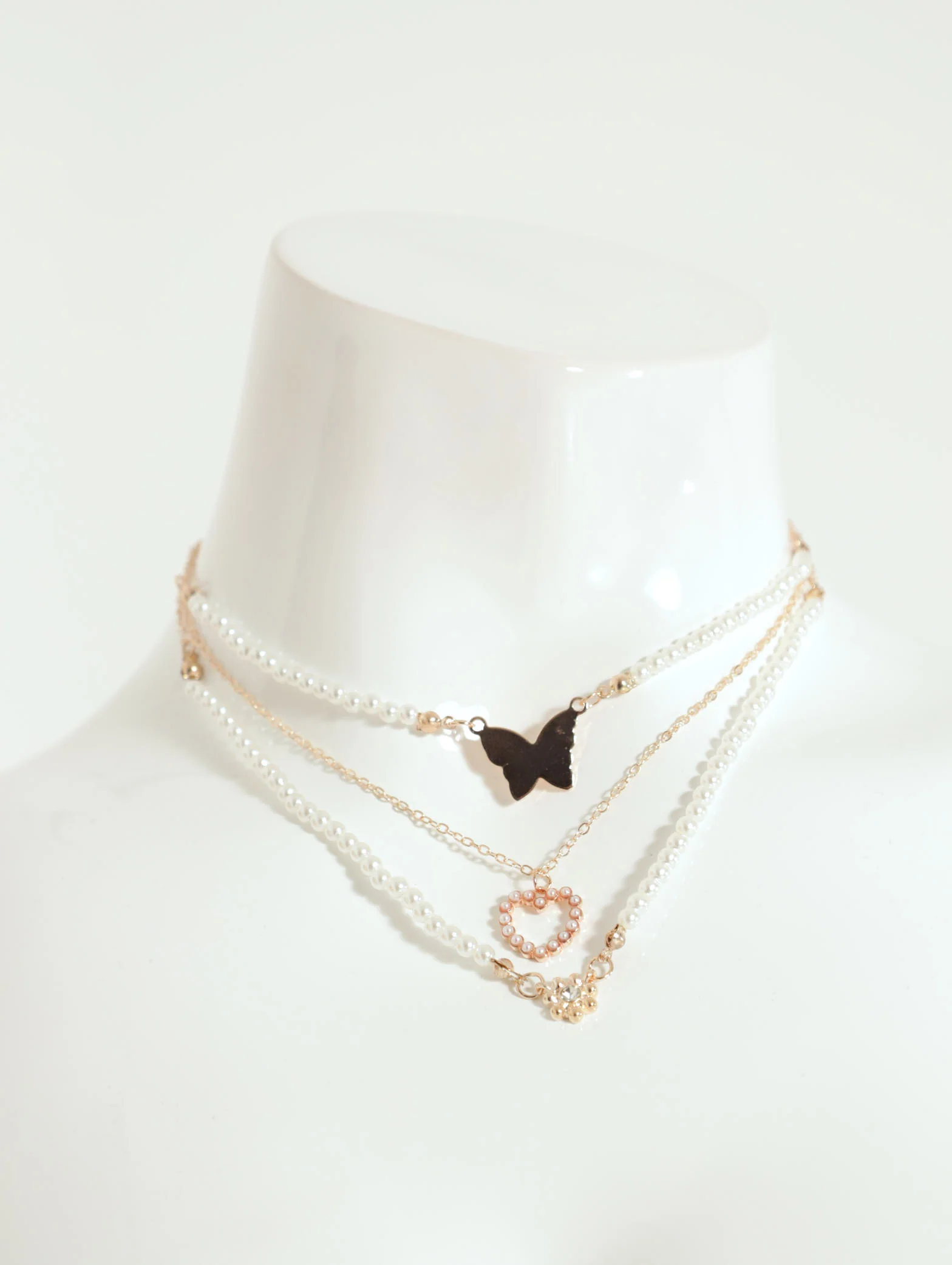 3 Layer Pearl Heart, Flower And Butterfly Pendant Necklace