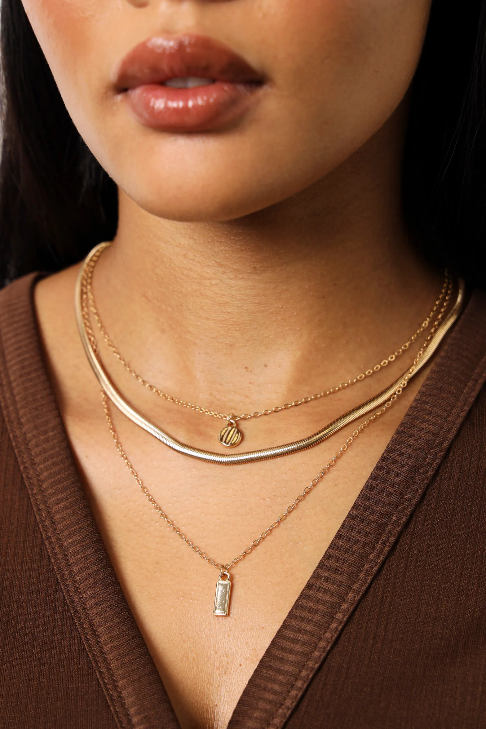 3 Layer Snake Chain & Pendant Necklace - Gold - Image 2
