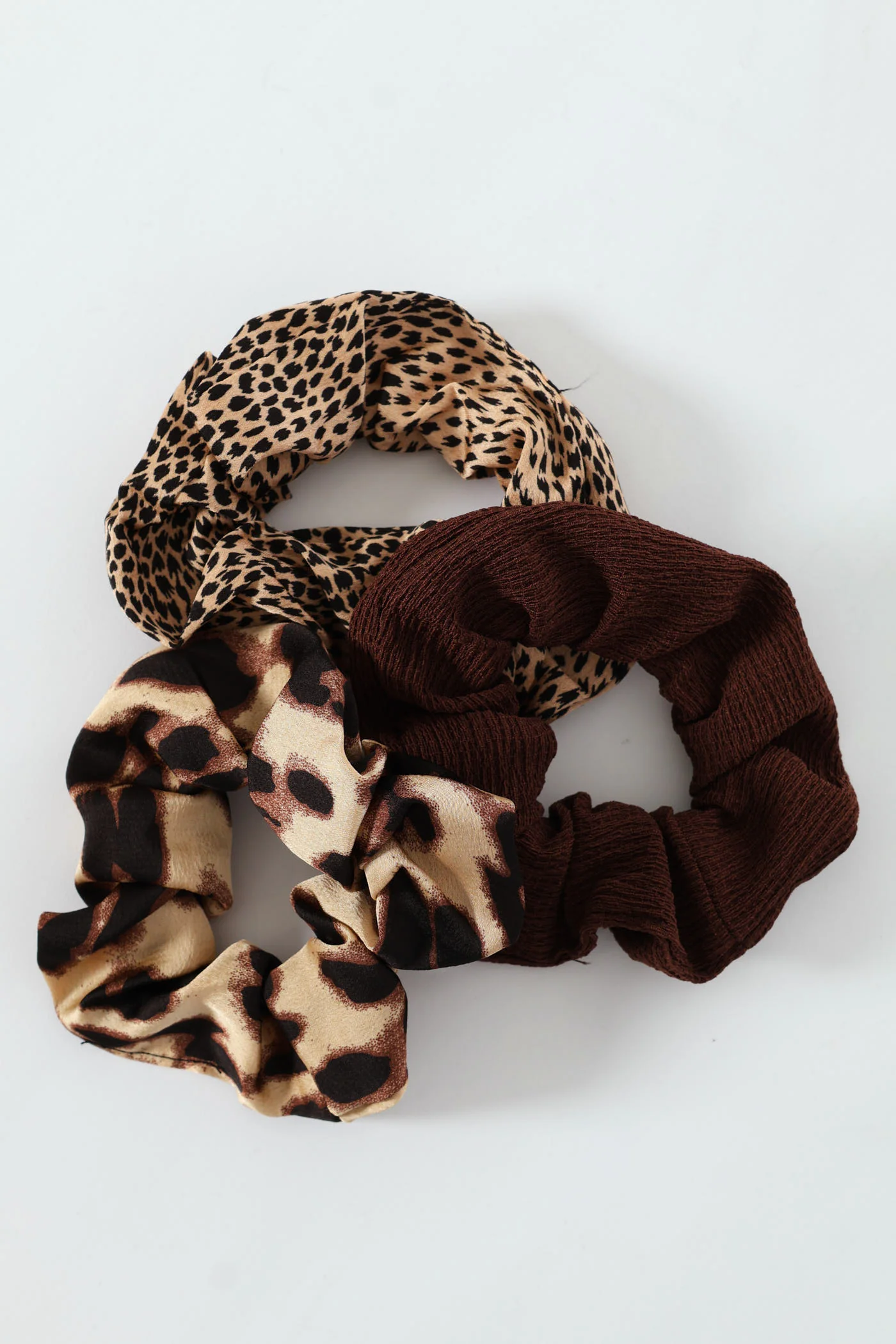 3 Pack Animal Print Scrunchies - Brown