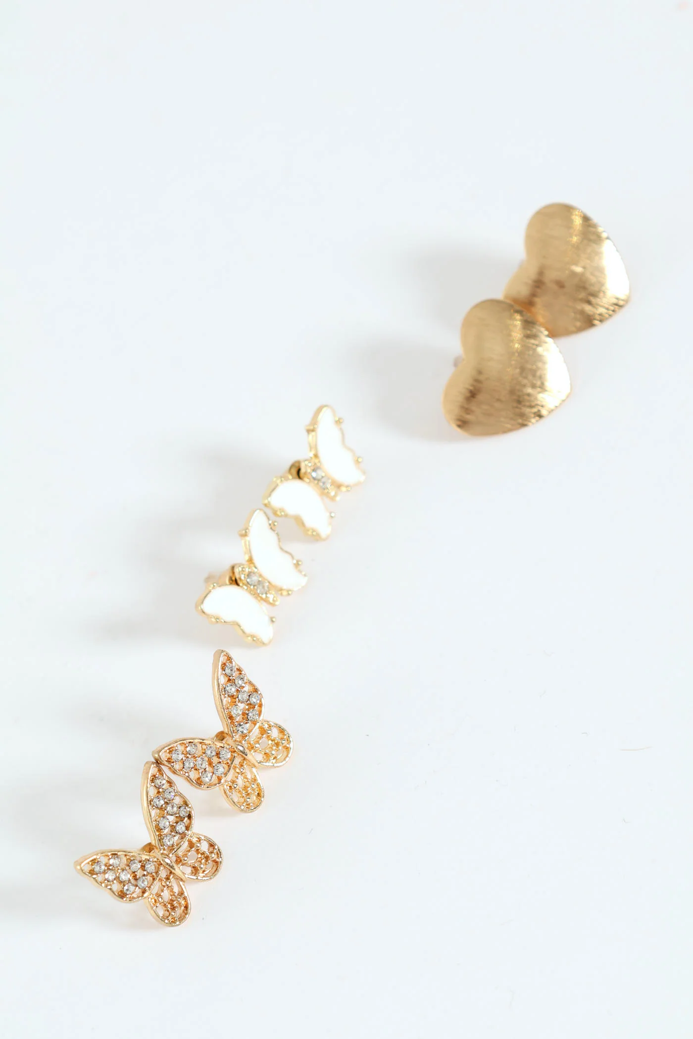 3 Pack Diamante Butterfly And Heart Earrings - Gold