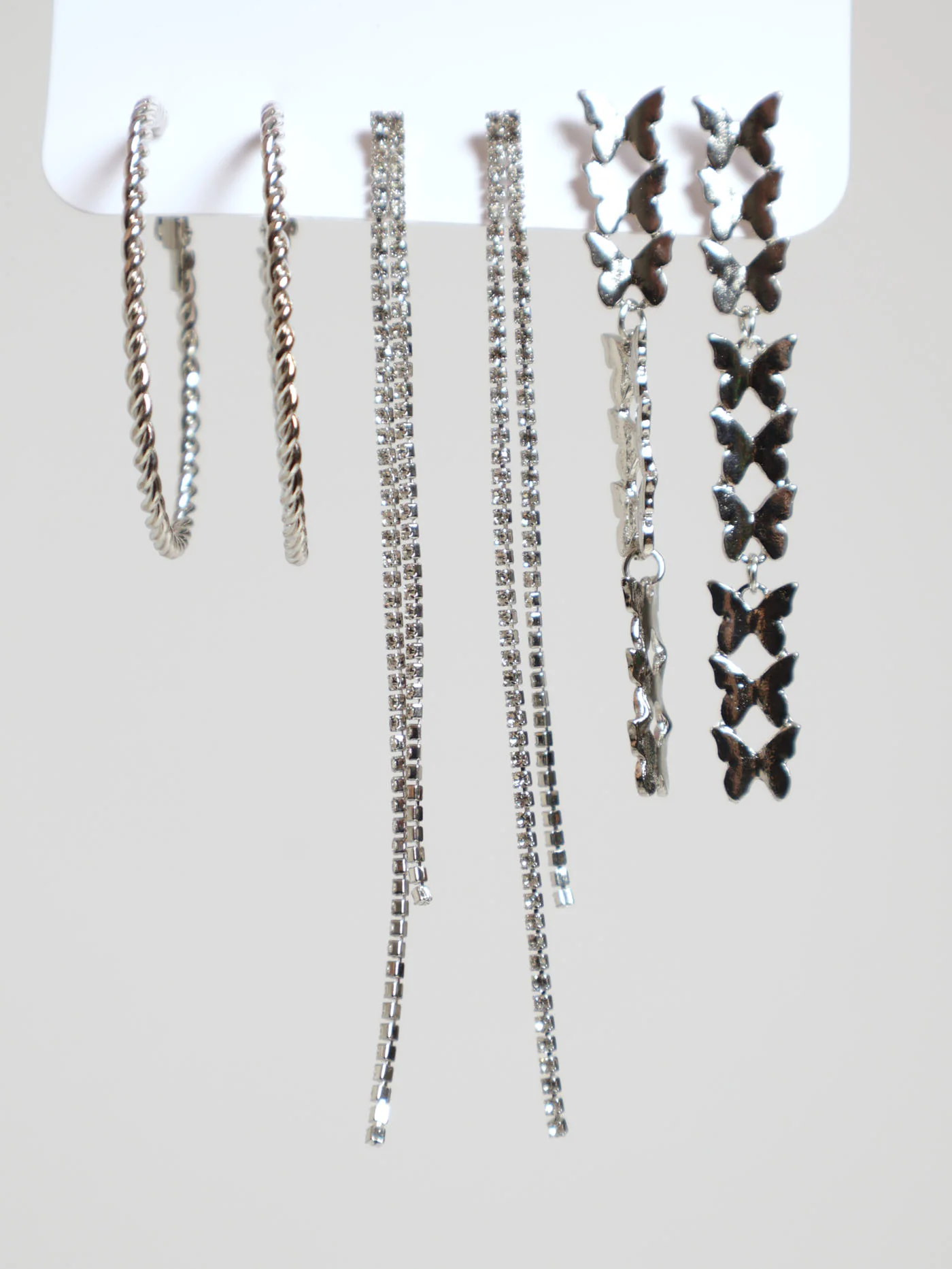 3 Pack Hanging Diamante & Butterfly Earrings - Silver