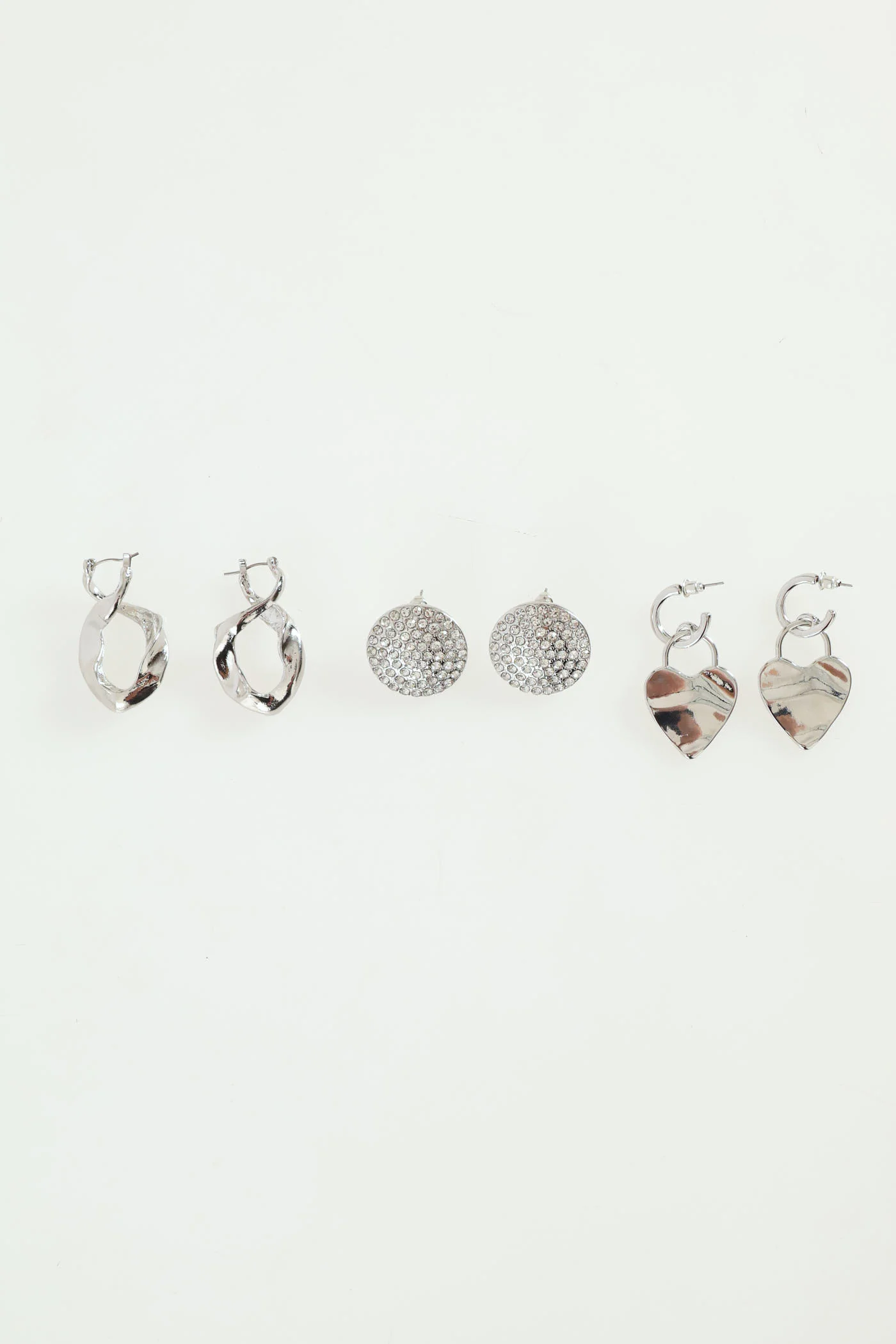 3 Pack Heart And Diamante Statement Earrings - Silver