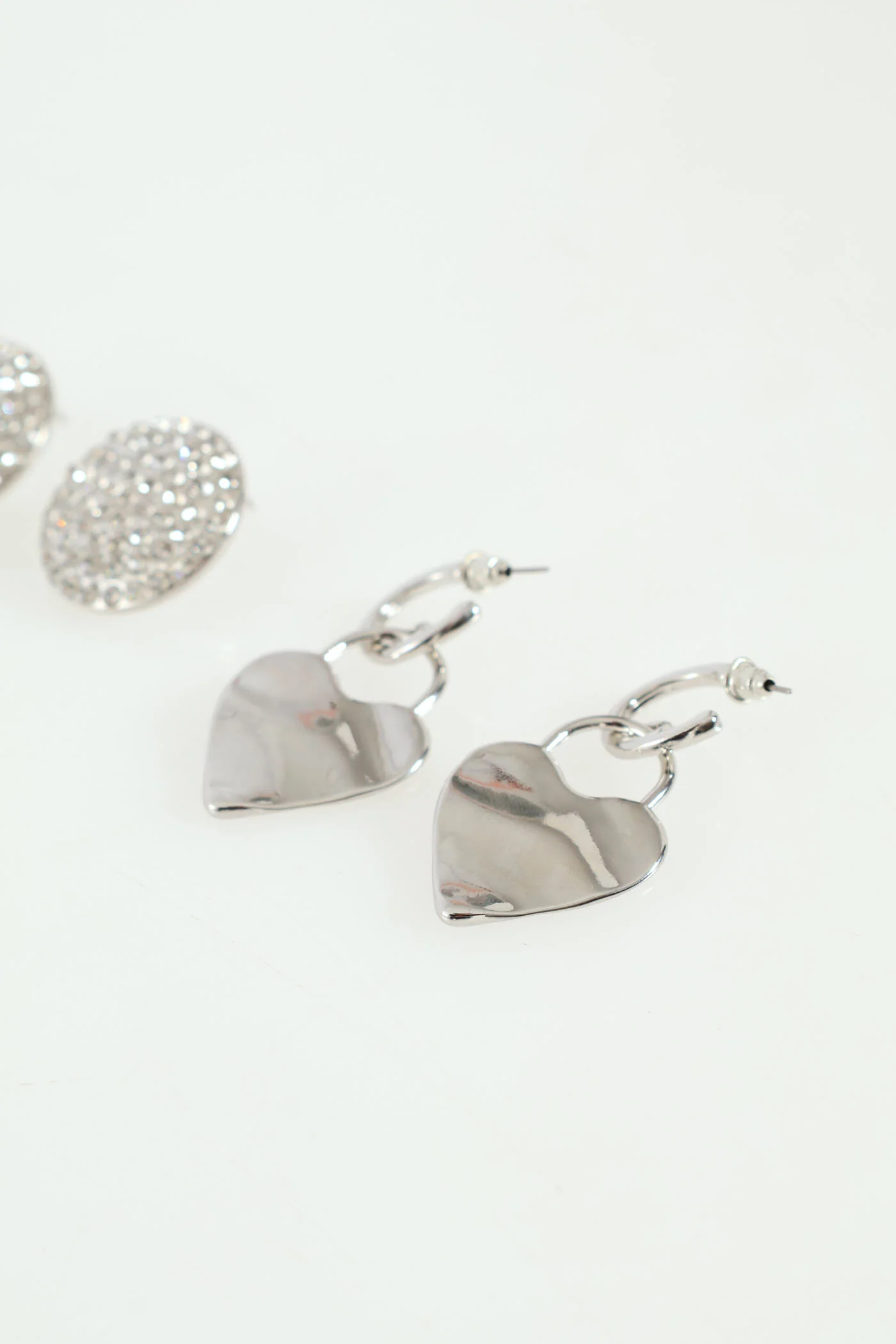 3 Pack Heart And Diamante Statement Earrings - Silver - Image 2
