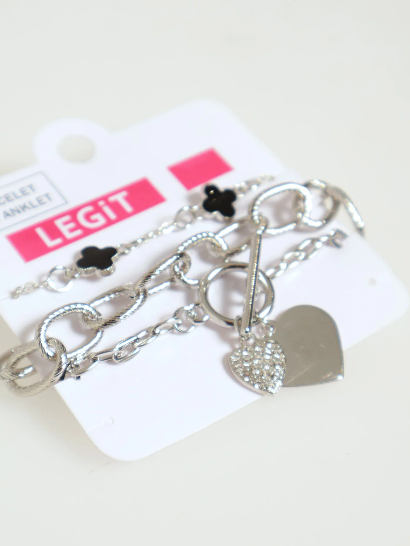 3 Pack Heart Charm & Flower Bracelets - Silver