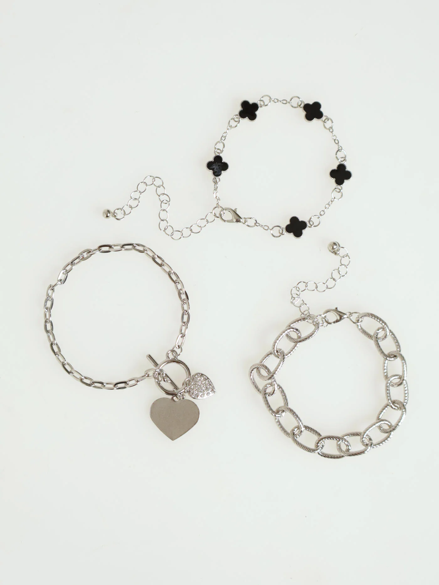 3 Pack Heart Charm & Flower Bracelets - Silver - Image 2