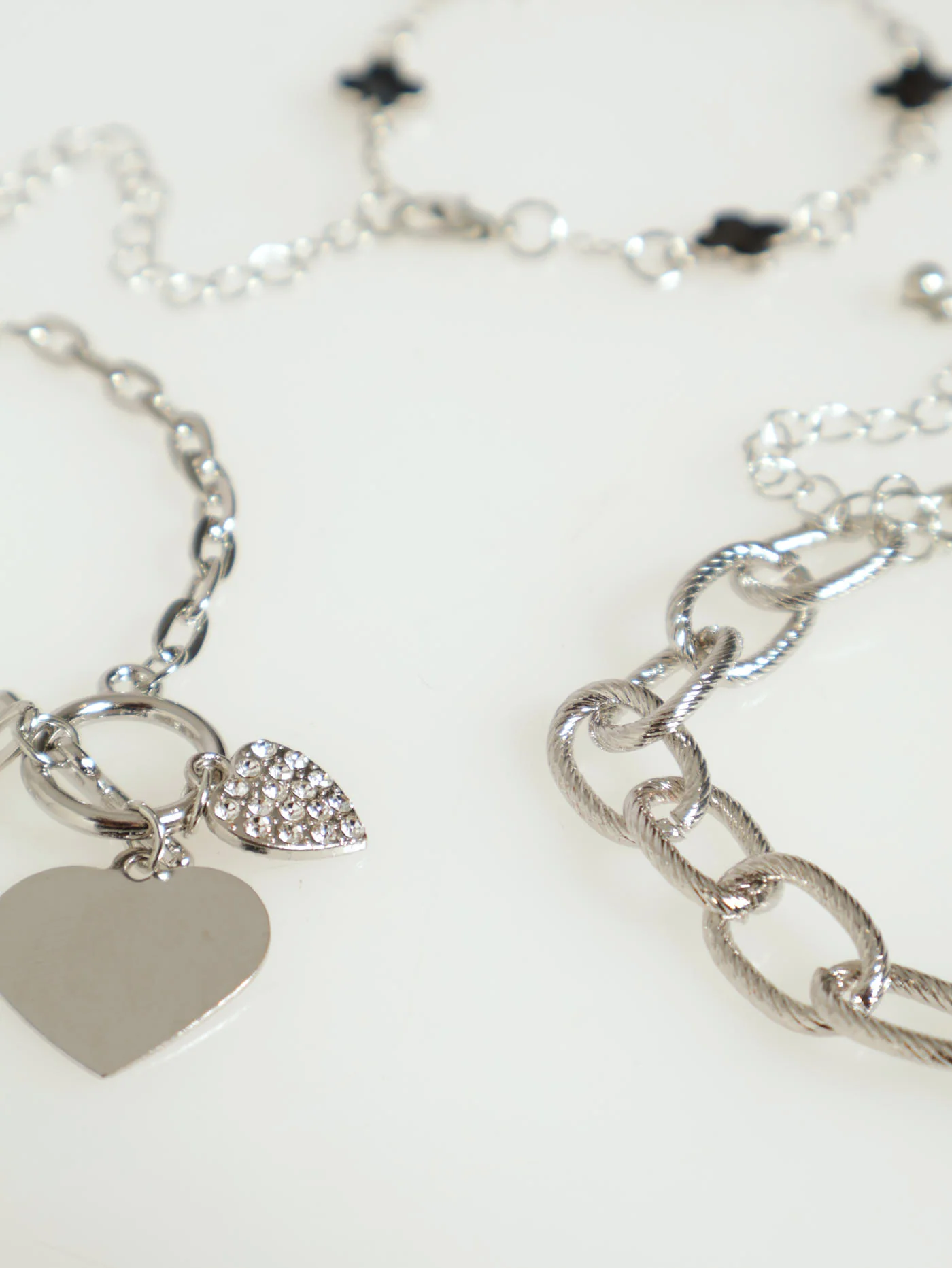 3 Pack Heart Charm & Flower Bracelets - Silver - Image 3