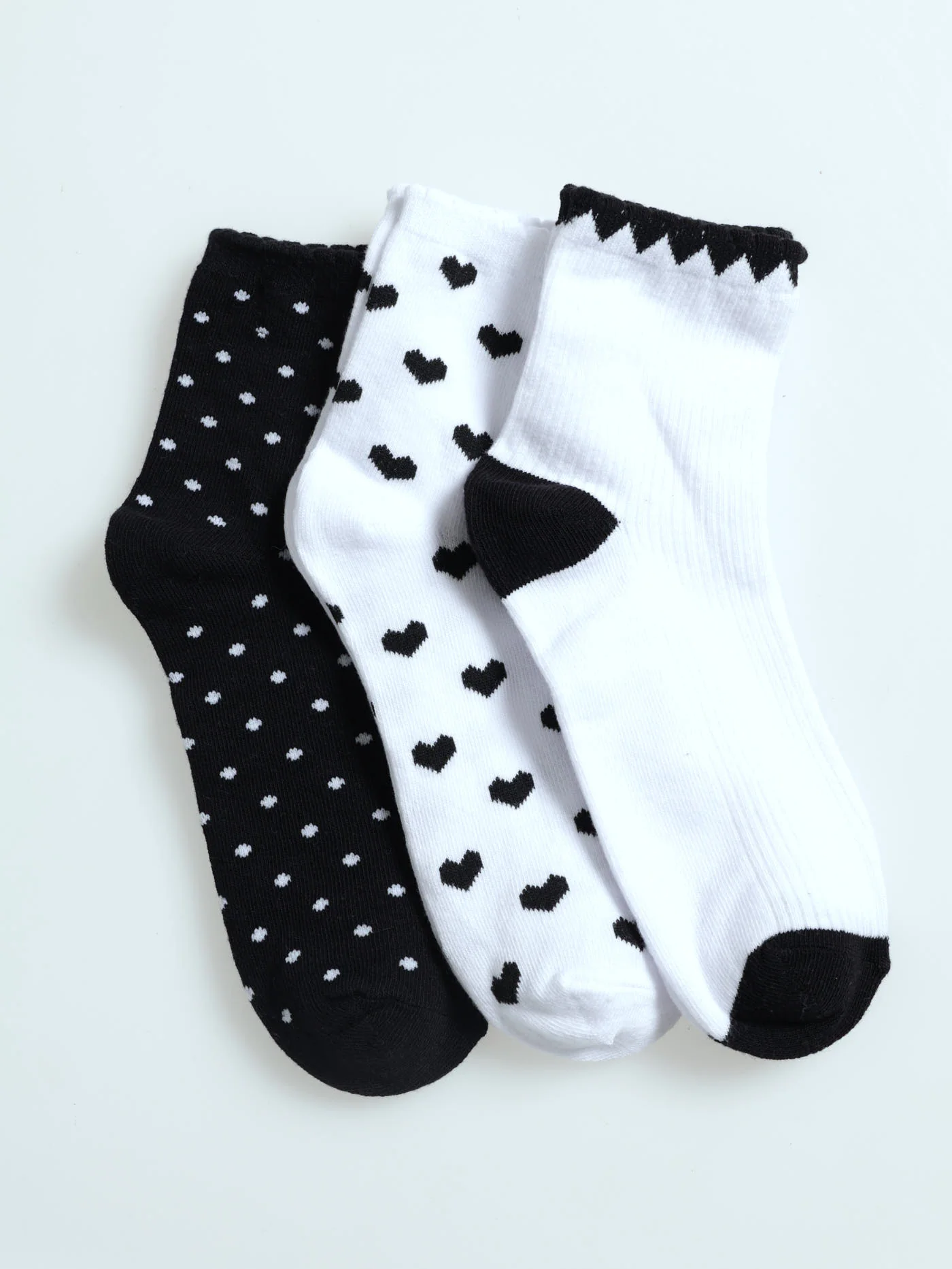 3 Pack Heart Quarter Sock - Black/White