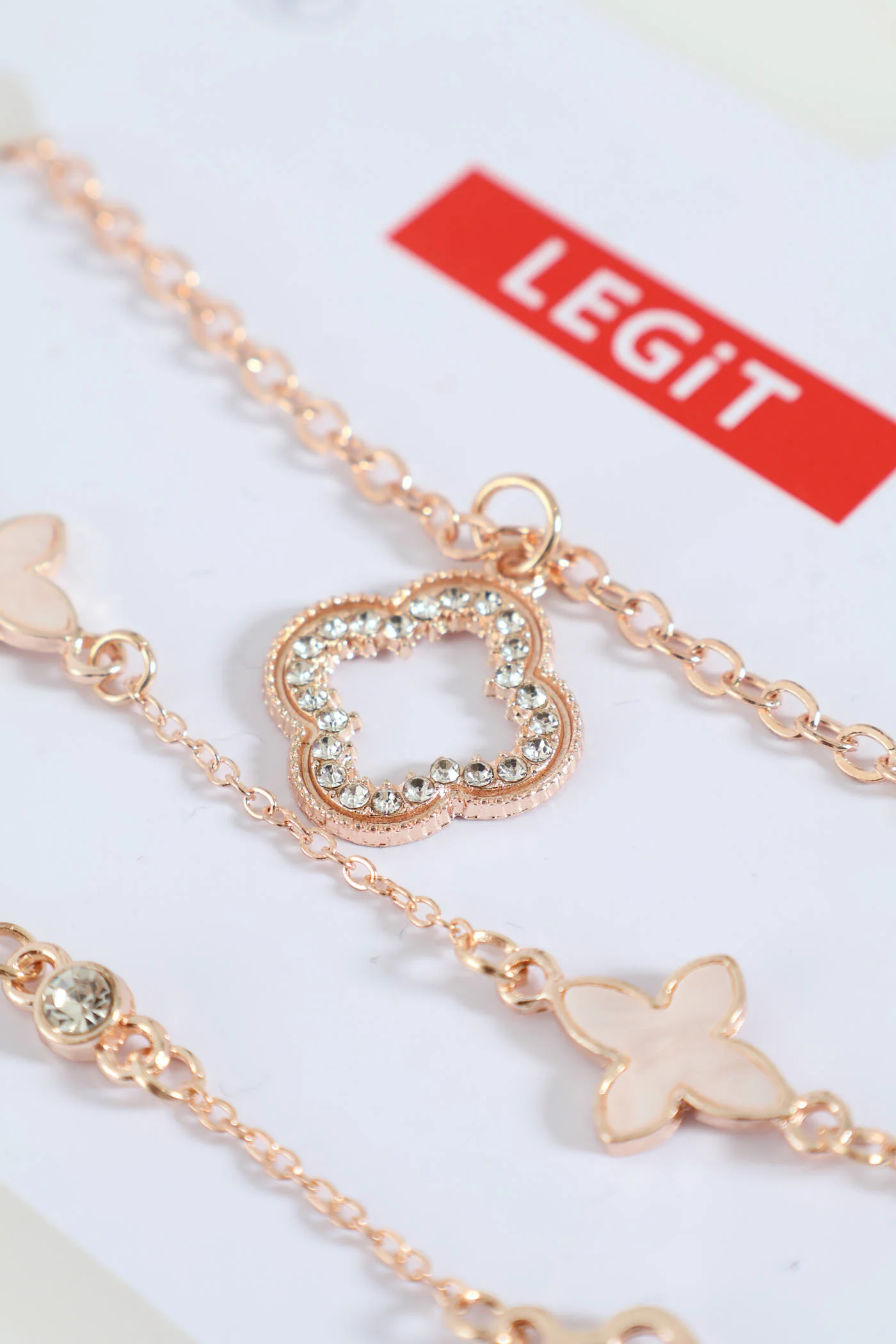 3 Pack Marble & Diamante Flower Anklets - Gold - Image 3