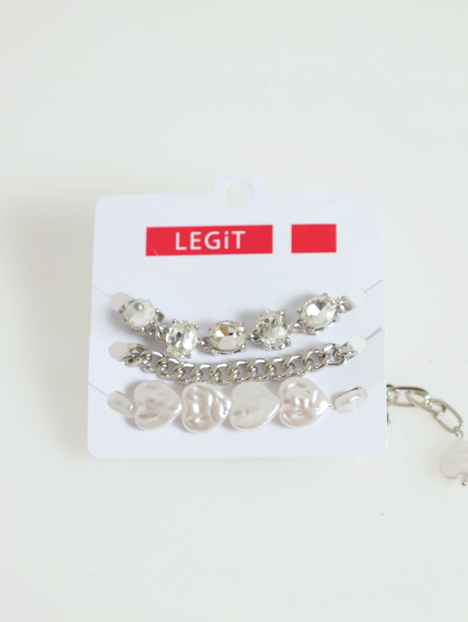 3 Pack Pearl Diamante & Chain Bracelet - Silver