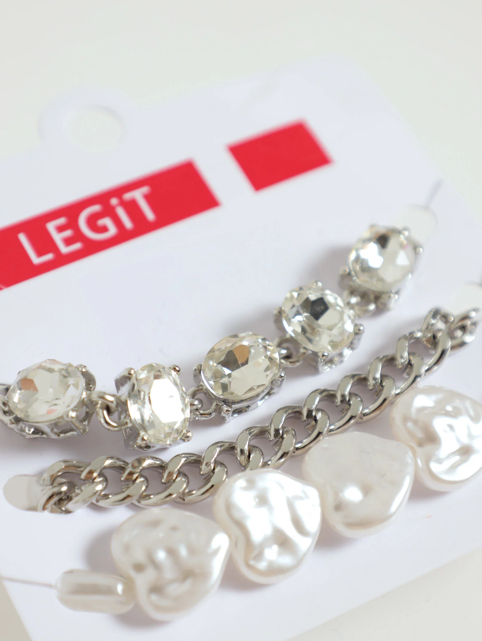 3 Pack Pearl Diamante & Chain Bracelet - Silver - Image 2