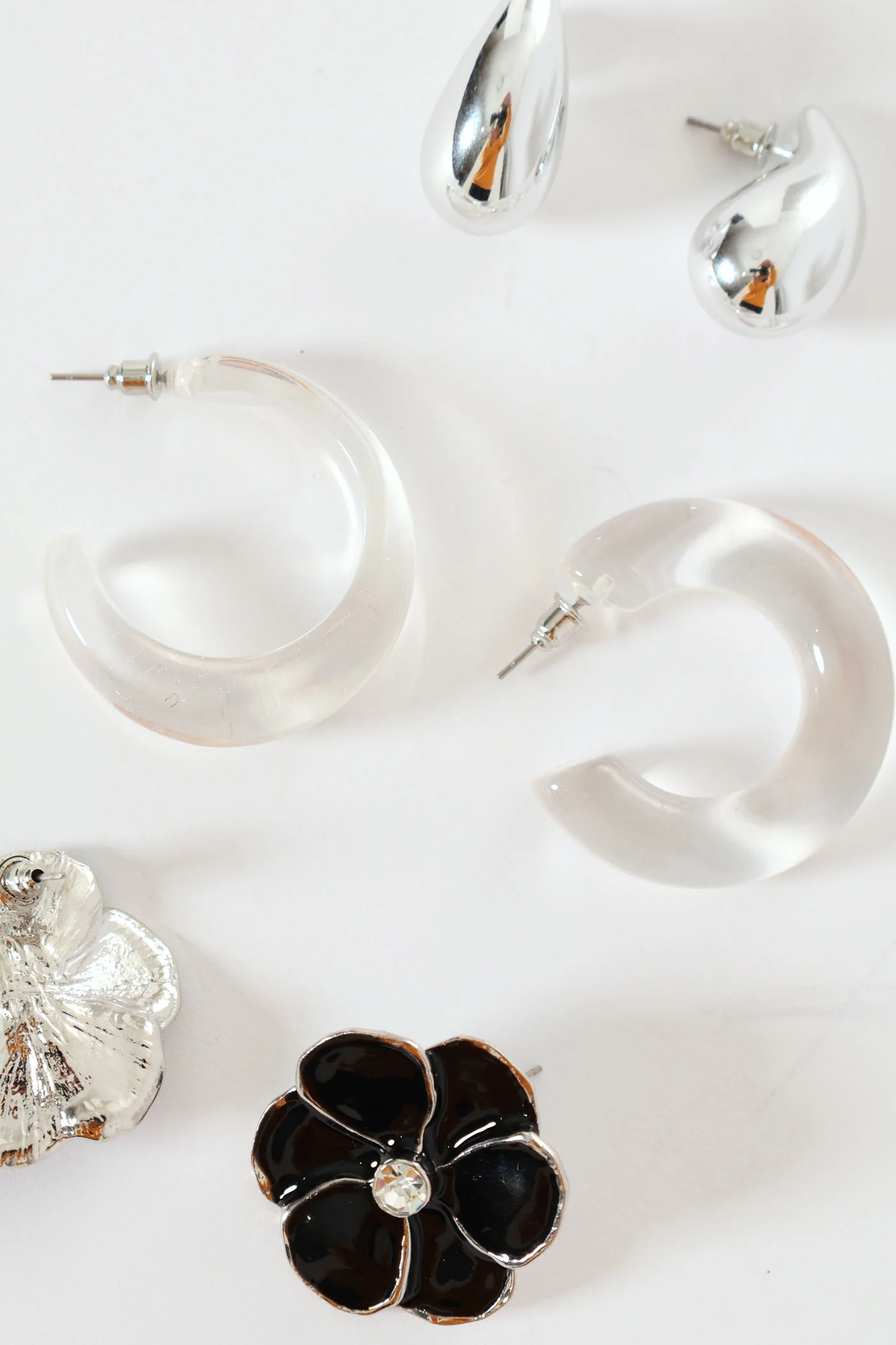 3 Pack Statement Flower And Hoop Earring - Silver - Image 2