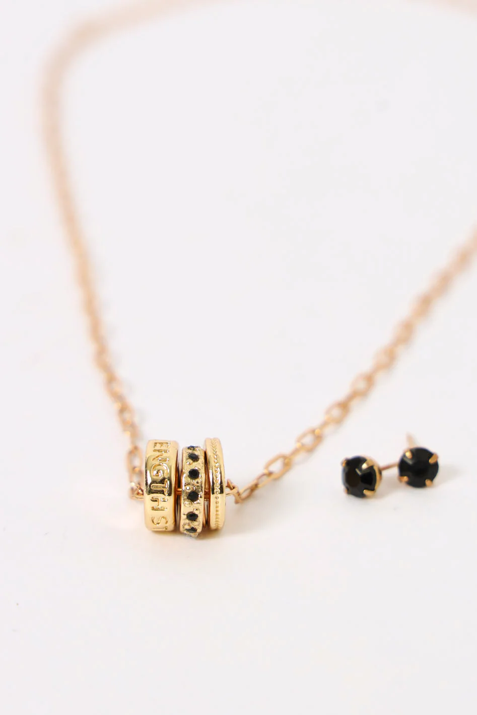 3 Set Epoxy & Diamante Pendant Necklace And Diamante Stud Earrings - Black/Gold - Image 2