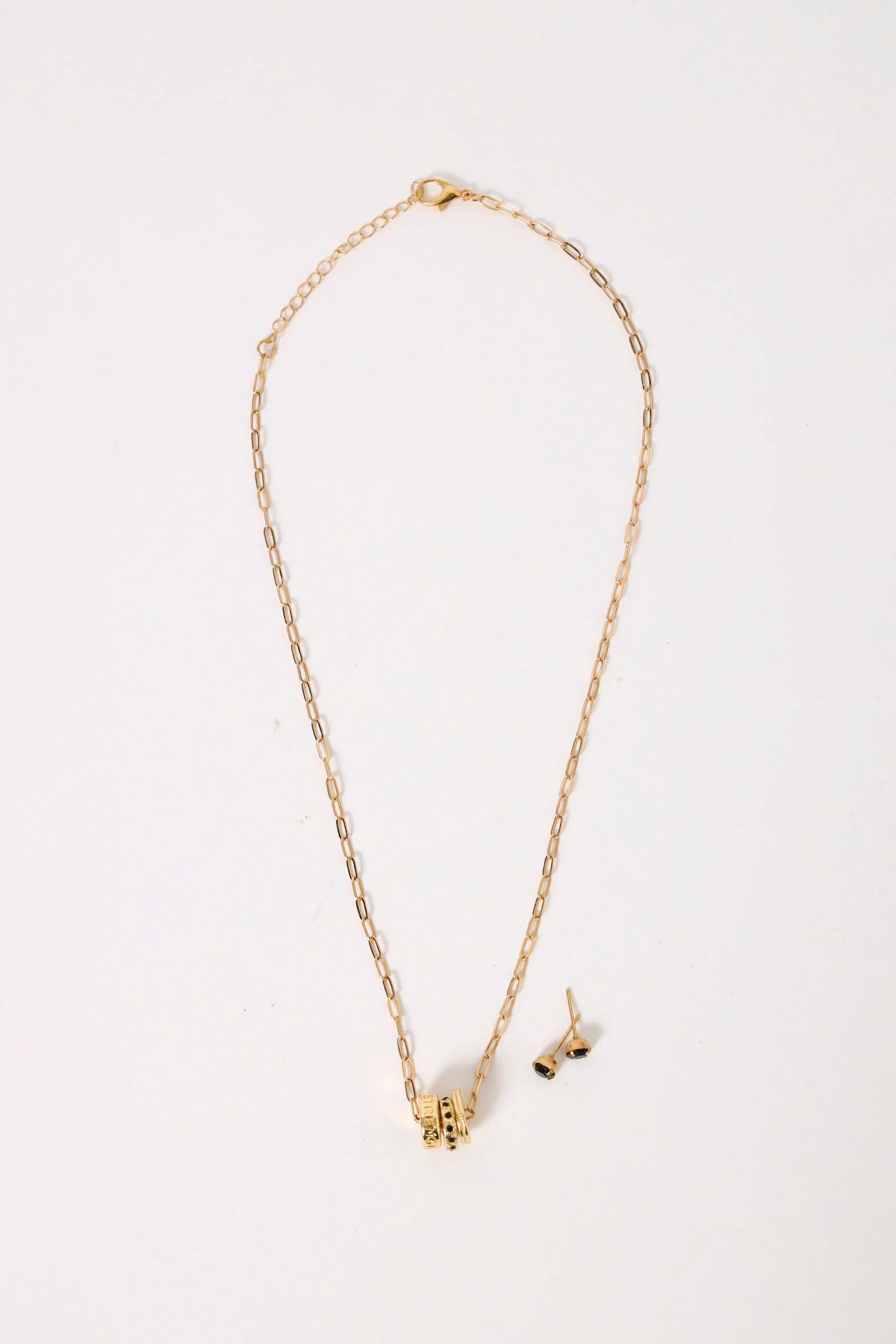 3 Set Epoxy & Diamante Pendant Necklace And Diamante Stud Earrings - Black/Gold - Image 3