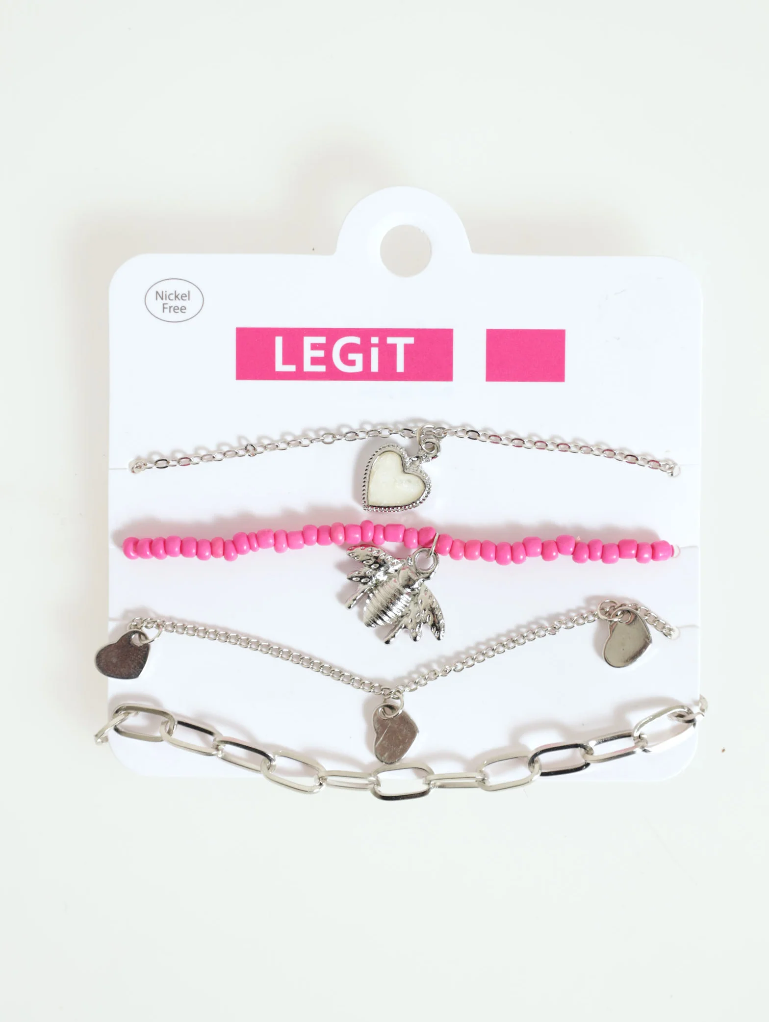 4 Layer Beaded, Link & Heart Anklet Pack