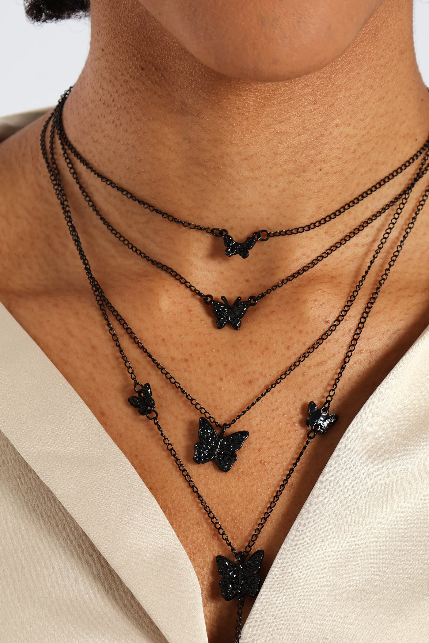 4 Layer Diamante Butterfly Necklace And Butterfly Earrings - Black - Image 2