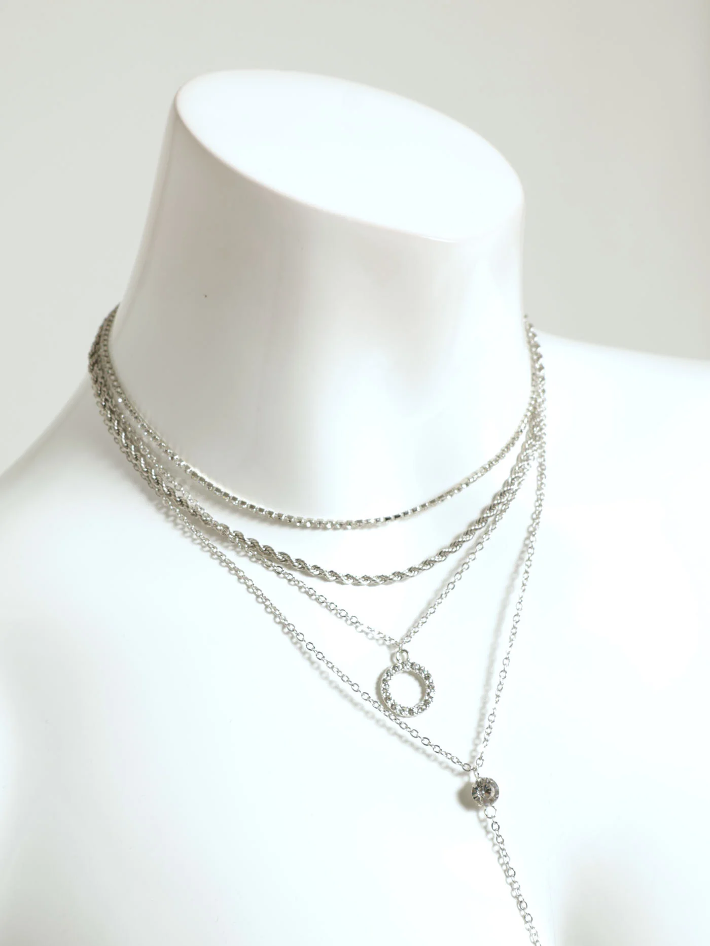 4 Layer Diamante Disc Lariat Necklace - Silver