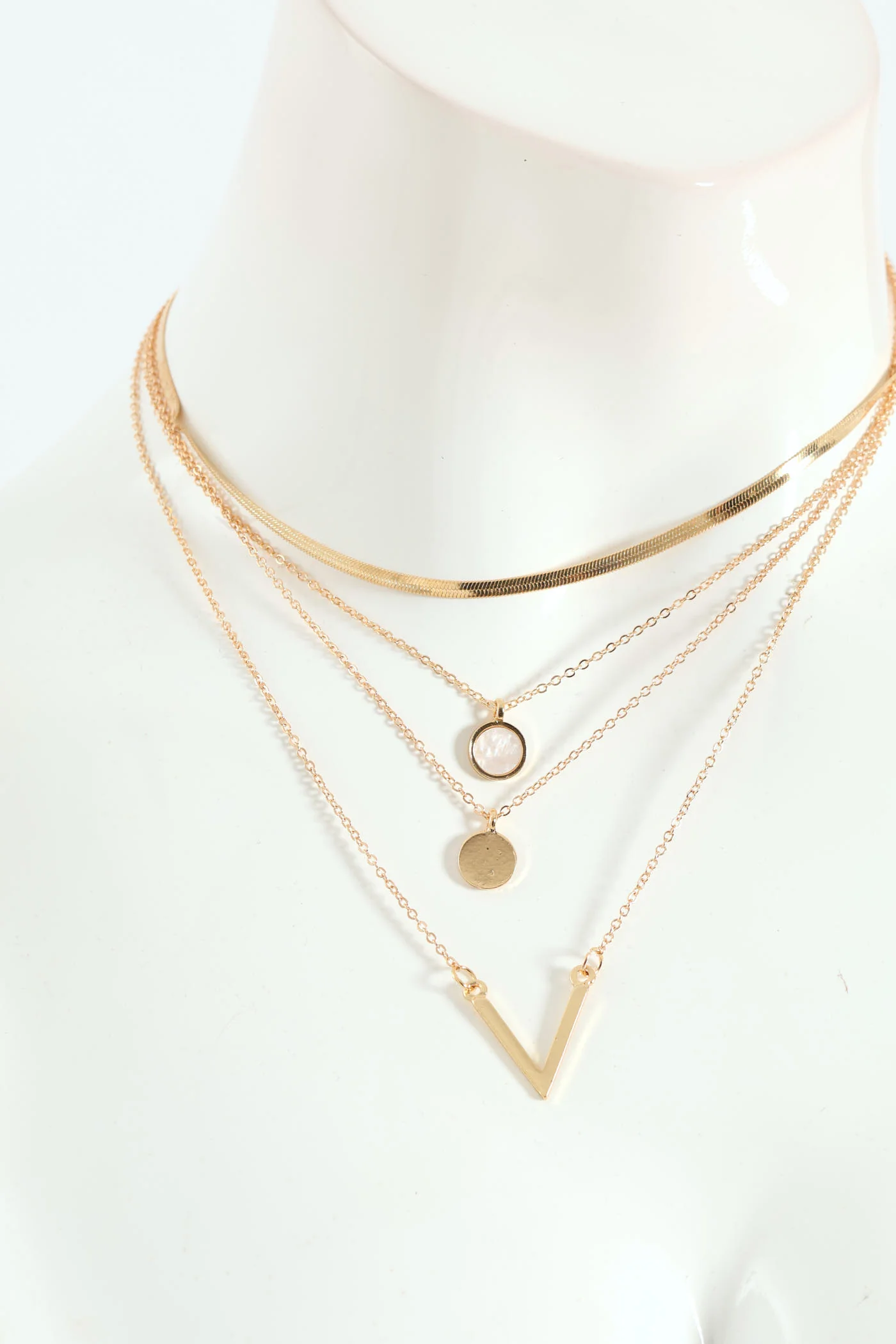 4 Layer Disc & V Pendant Necklace with Matching Earrings - Gold