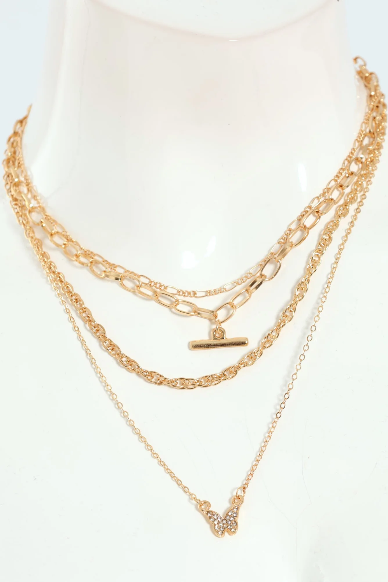 4 Layer Metal Bar And Diamante Butterfly Pendant - Gold