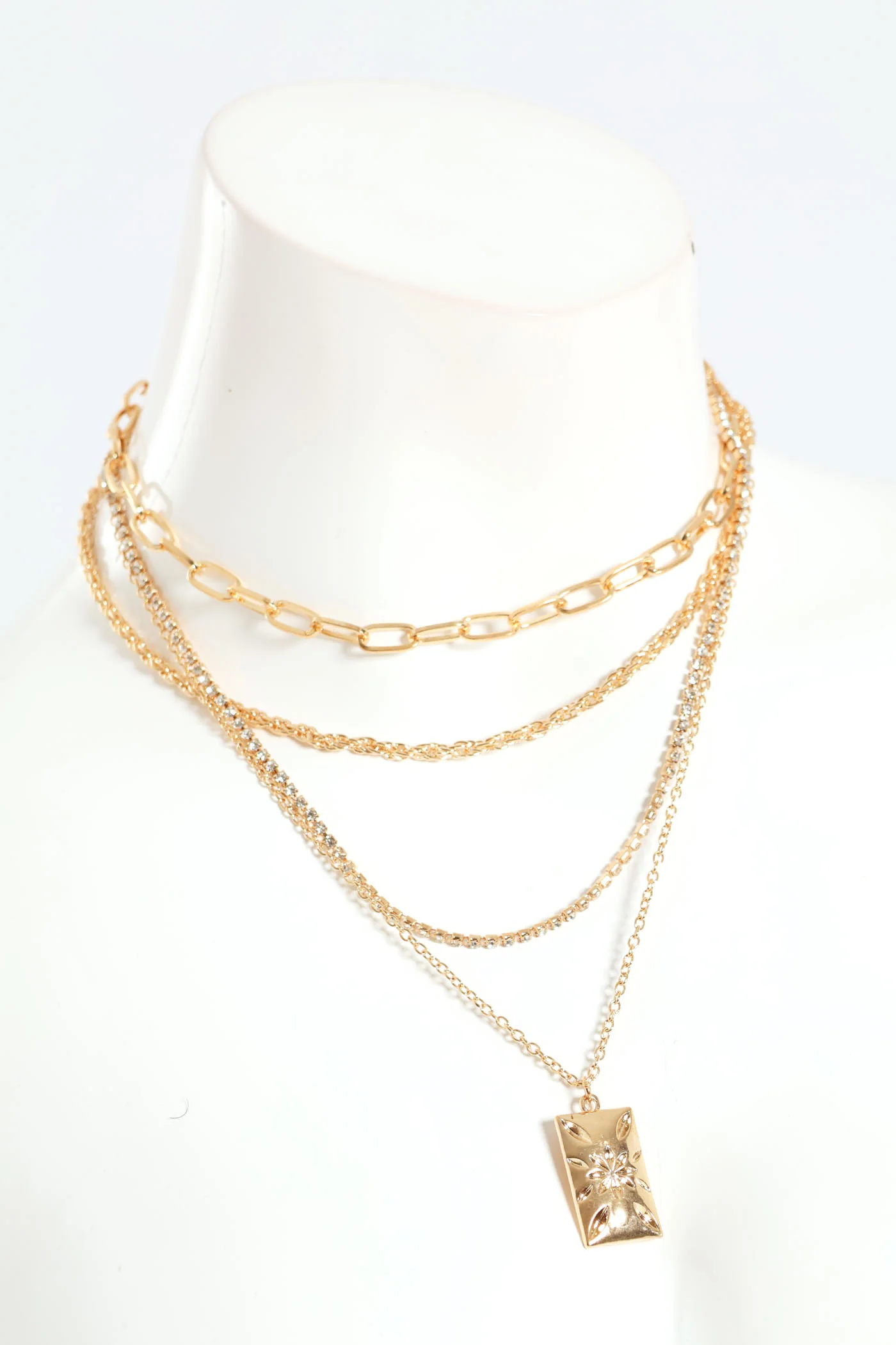 4 Layer Multi Chain & Diamante Rectangle Pendant - Gold