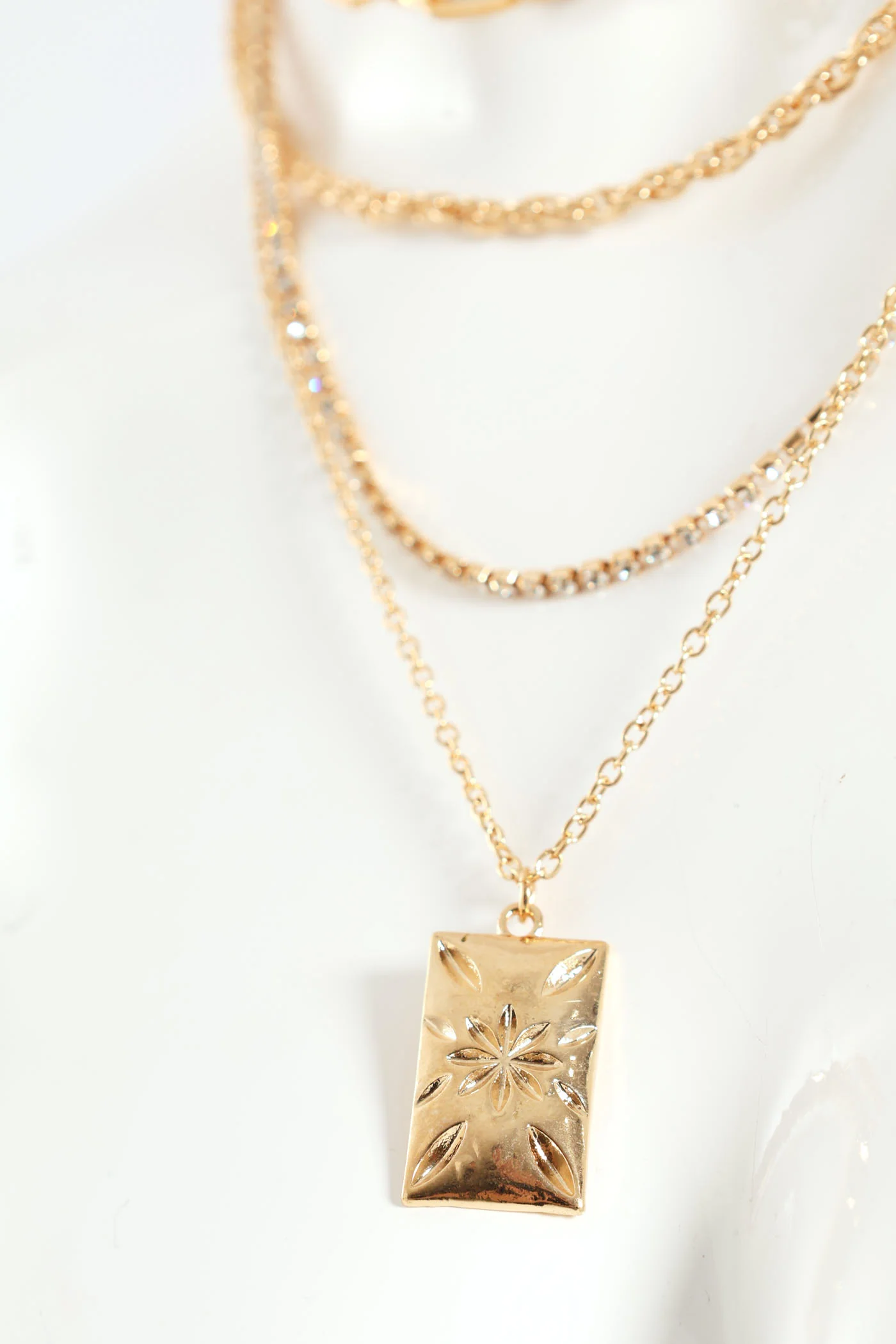 4 Layer Multi Chain & Diamante Rectangle Pendant - Gold - Image 2