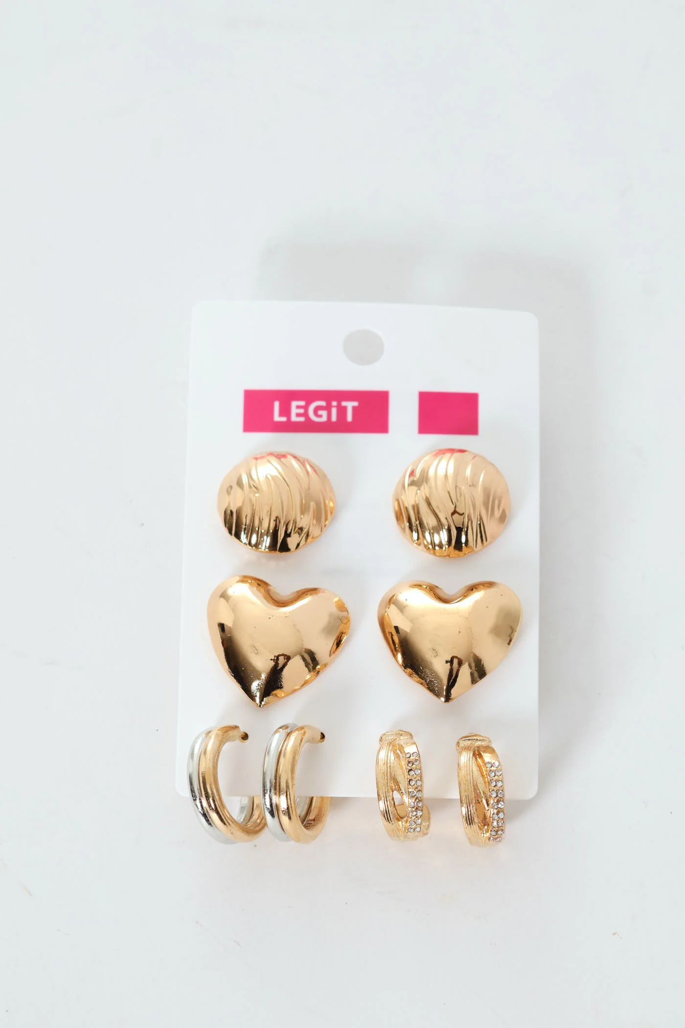 4 Pack Chunky Heart & Diamante Hoop Earrings - Gold