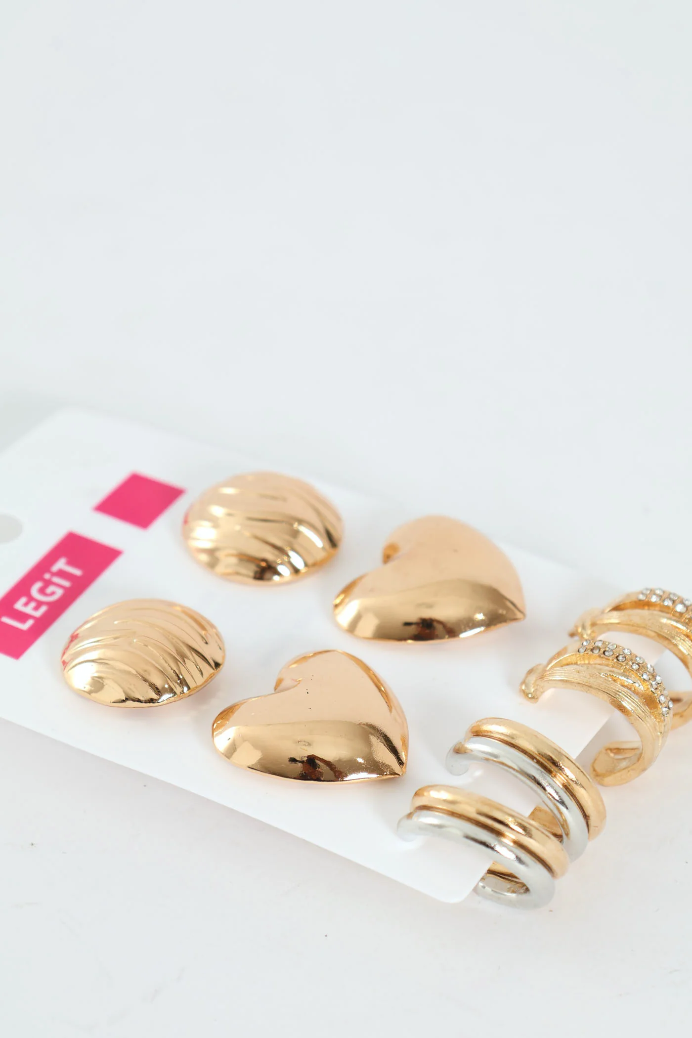 4 Pack Chunky Heart & Diamante Hoop Earrings - Gold - Image 2