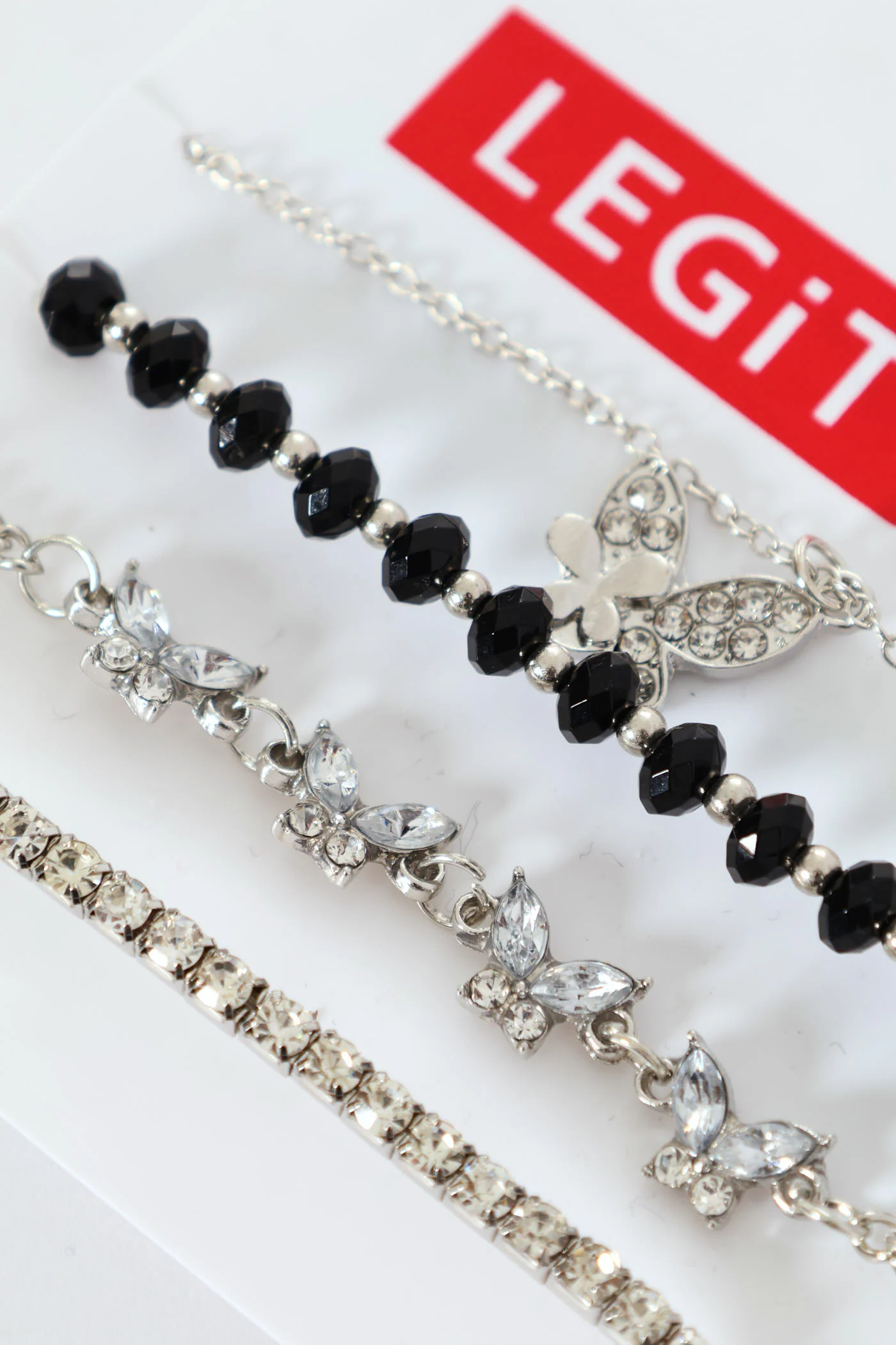 4 Pack Diamante Butterfly & Bead Anklet - Silver