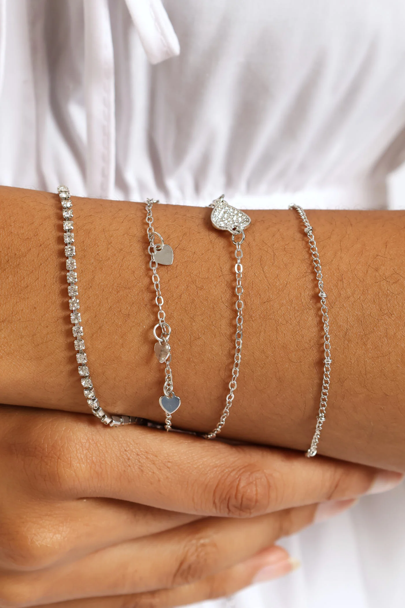 4 Pack Diamante Heart Anklets - Silver