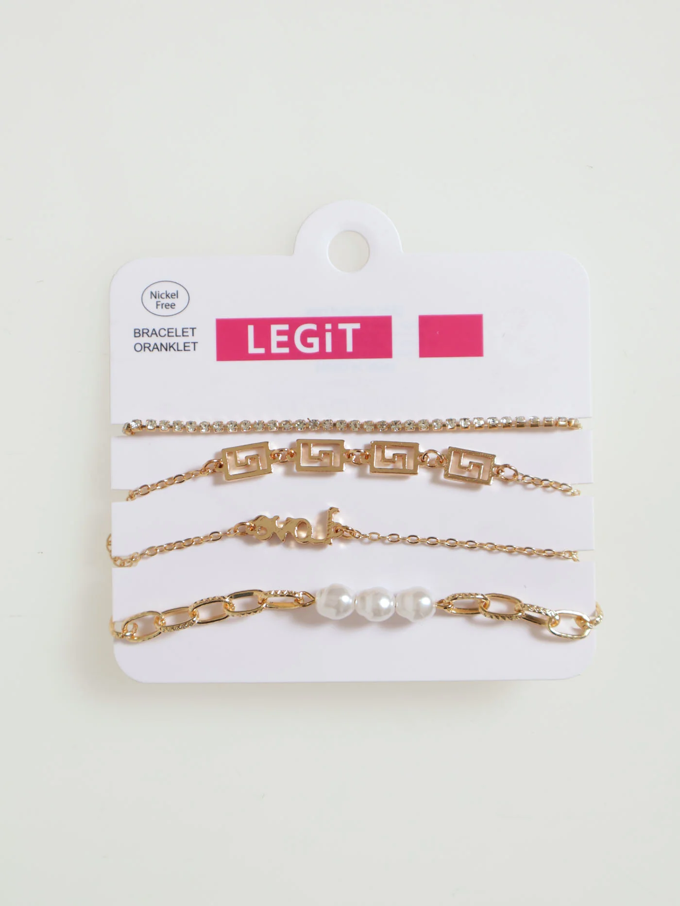 4 Pack Diamante, Pearl & Slogan Anklet Pack - Gold
