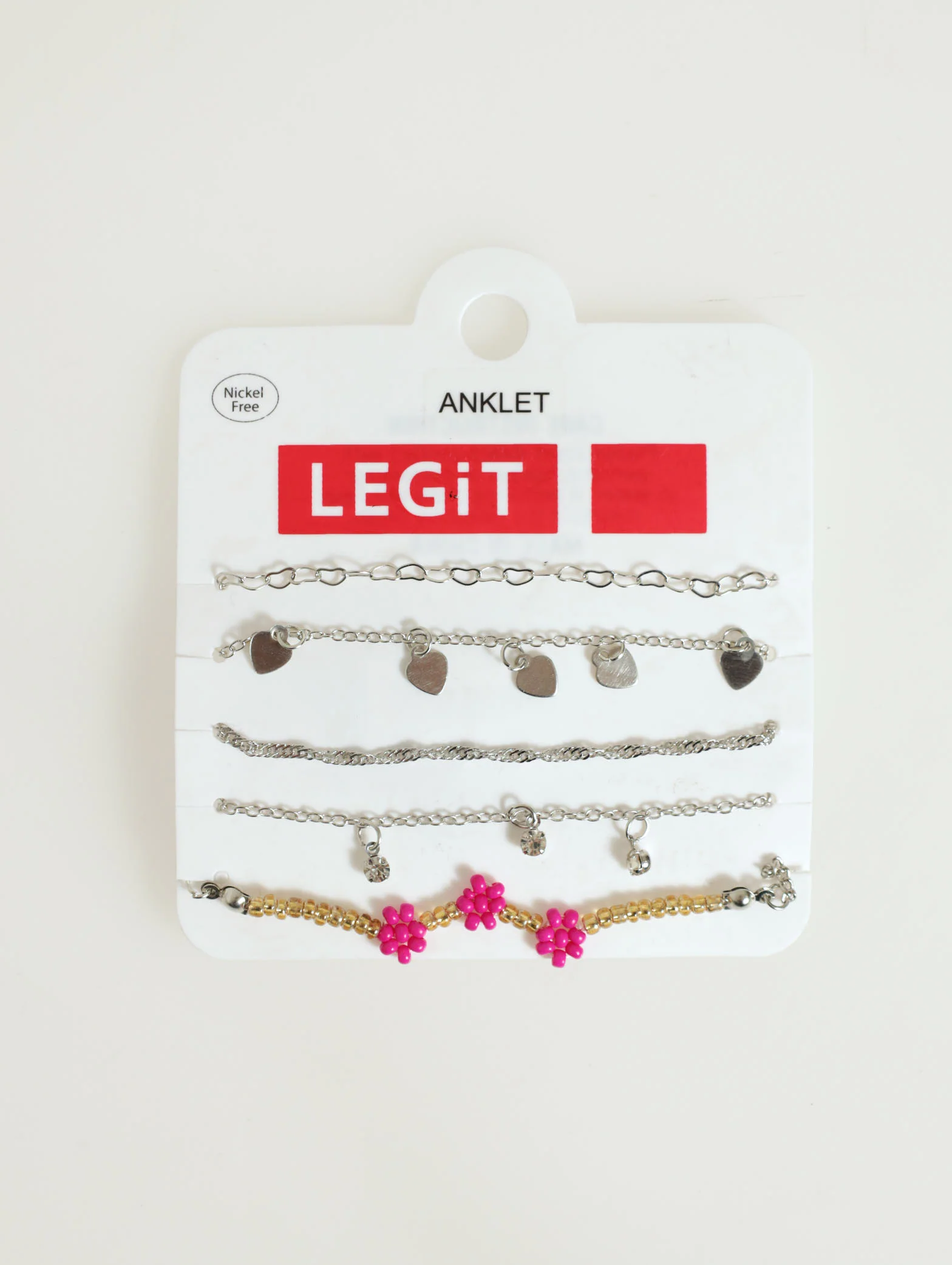 4 Pack Pink Flower & Heart Charm Anklets