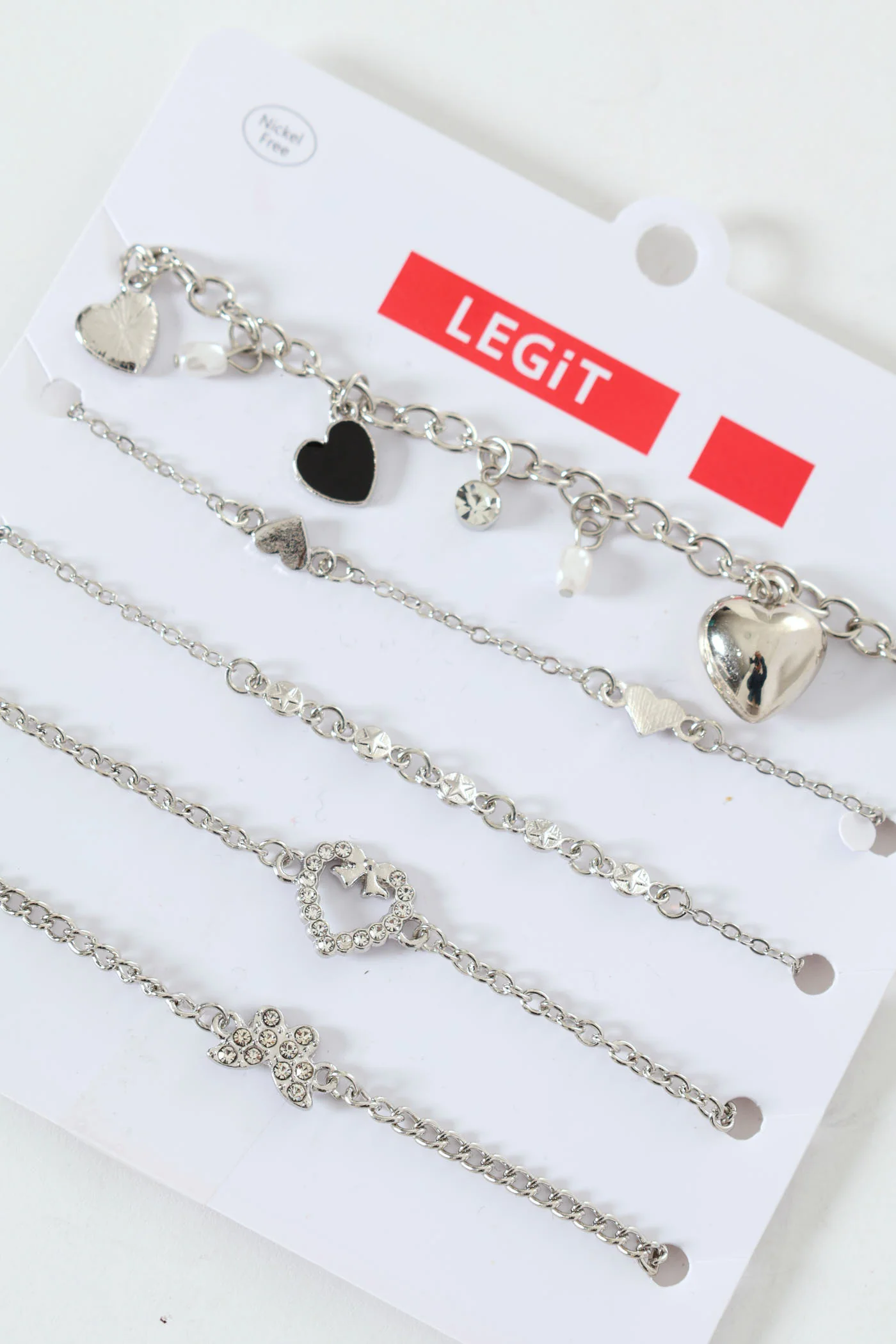 5 Pack Diamante Butterfly, Hearts And Disc Anklet - Silver - Image 2