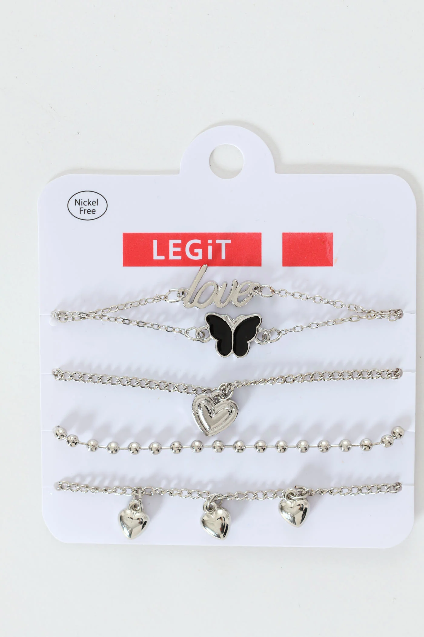 5 Pack Love & Diamante Heart & Butterfly Anklets - Silver