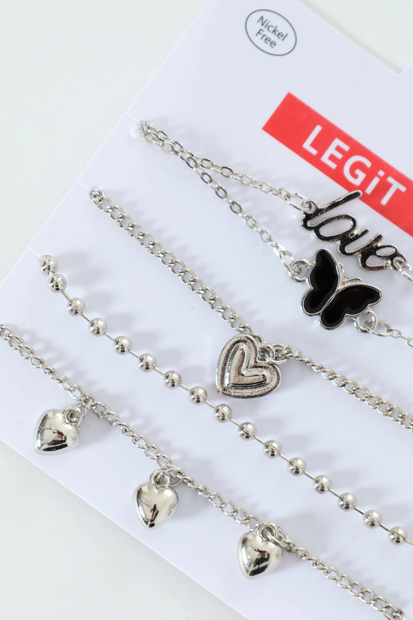 5 Pack Love & Diamante Heart & Butterfly Anklets - Silver - Image 2
