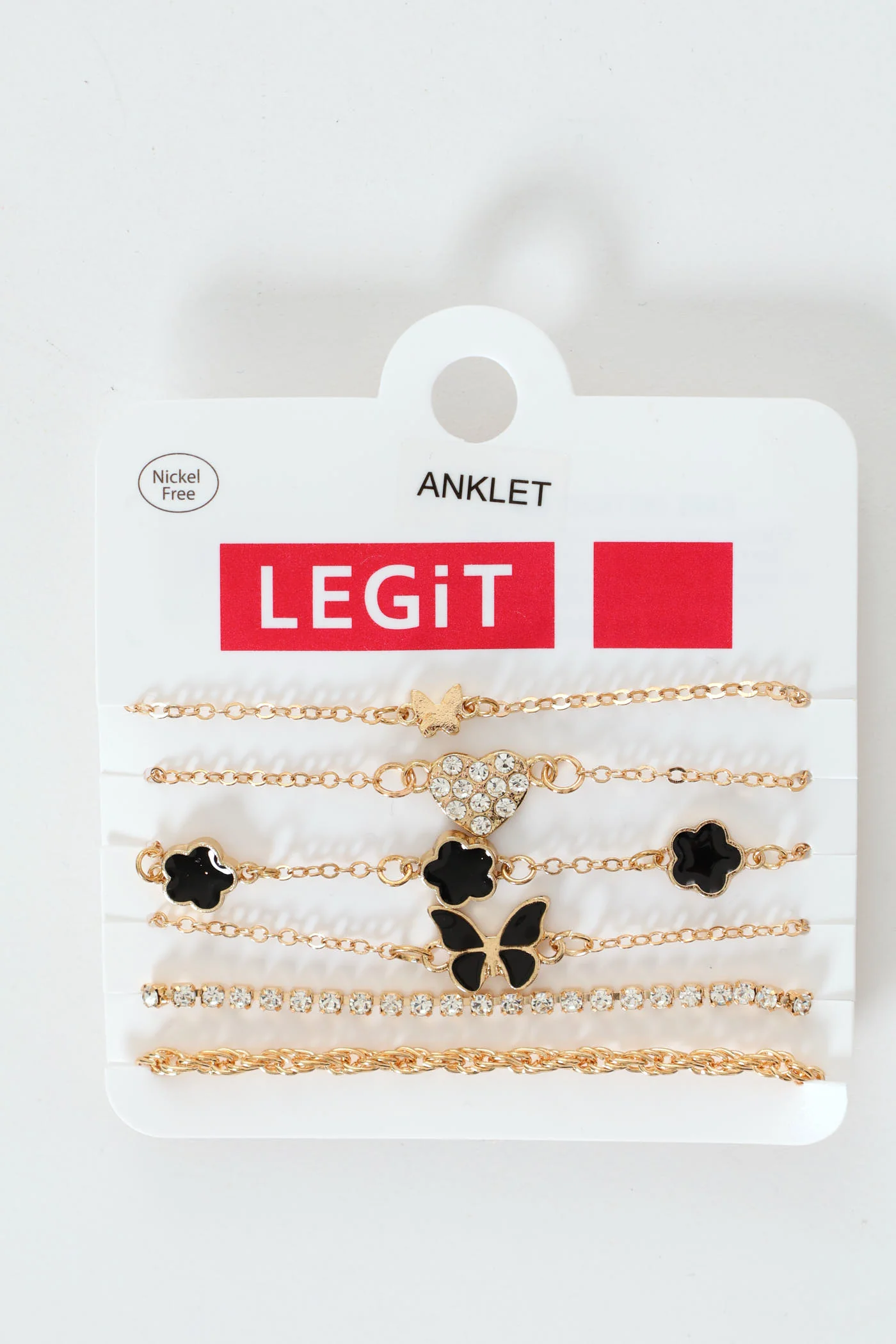 6 Pack Butterfly & Epoxy Flower Anklets - Gold