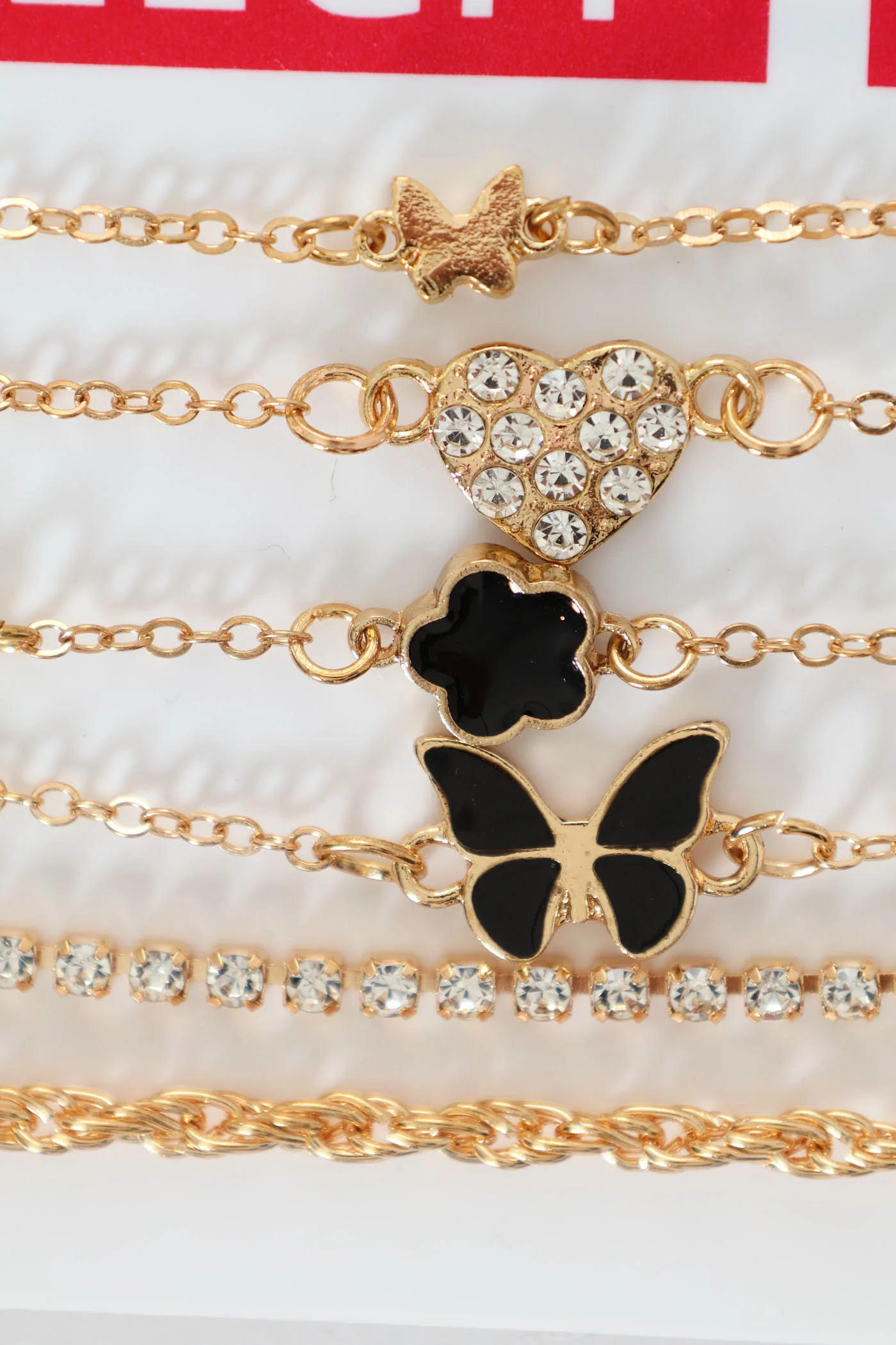 6 Pack Butterfly & Epoxy Flower Anklets - Gold - Image 2
