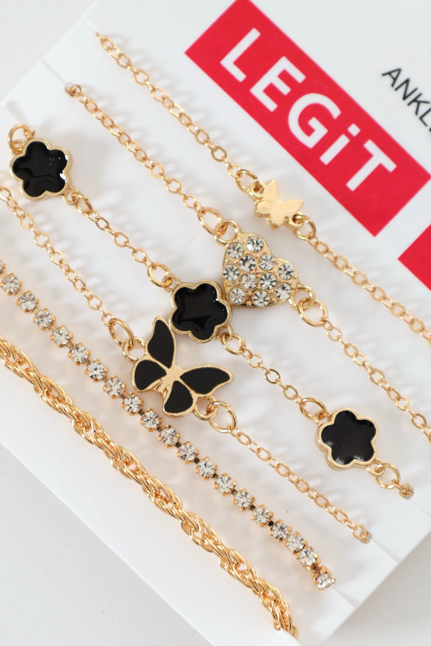 6 Pack Butterfly & Epoxy Flower Anklets - Gold - Image 3