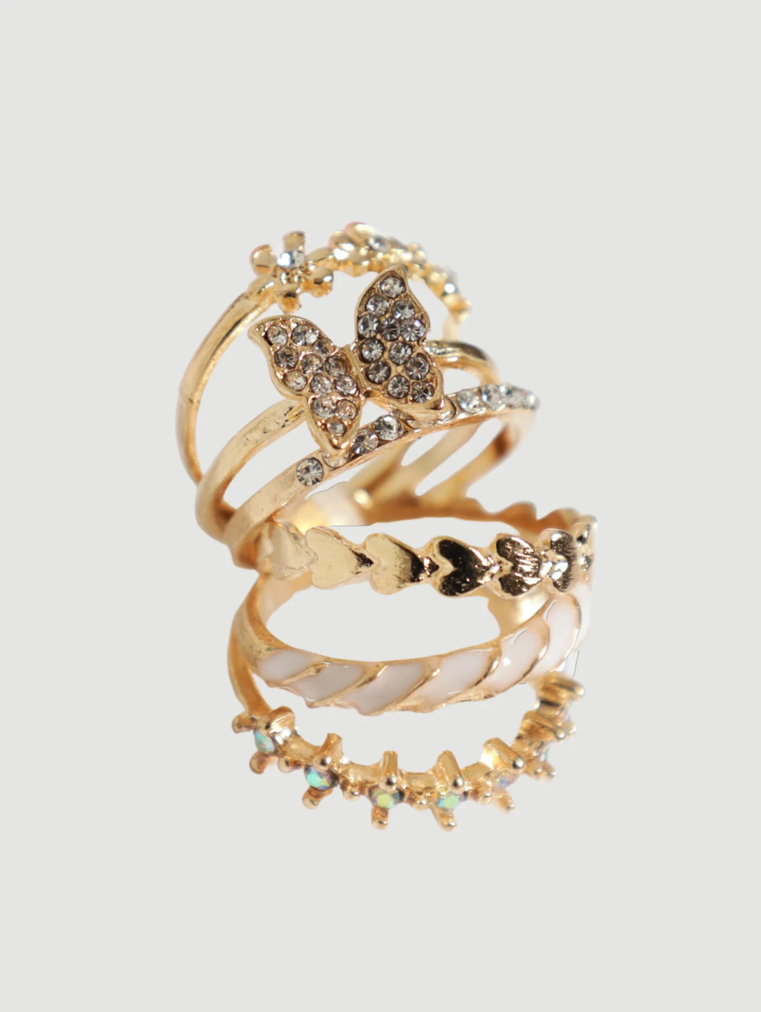 6 Pack Diamante Butterfly And Heart Rings