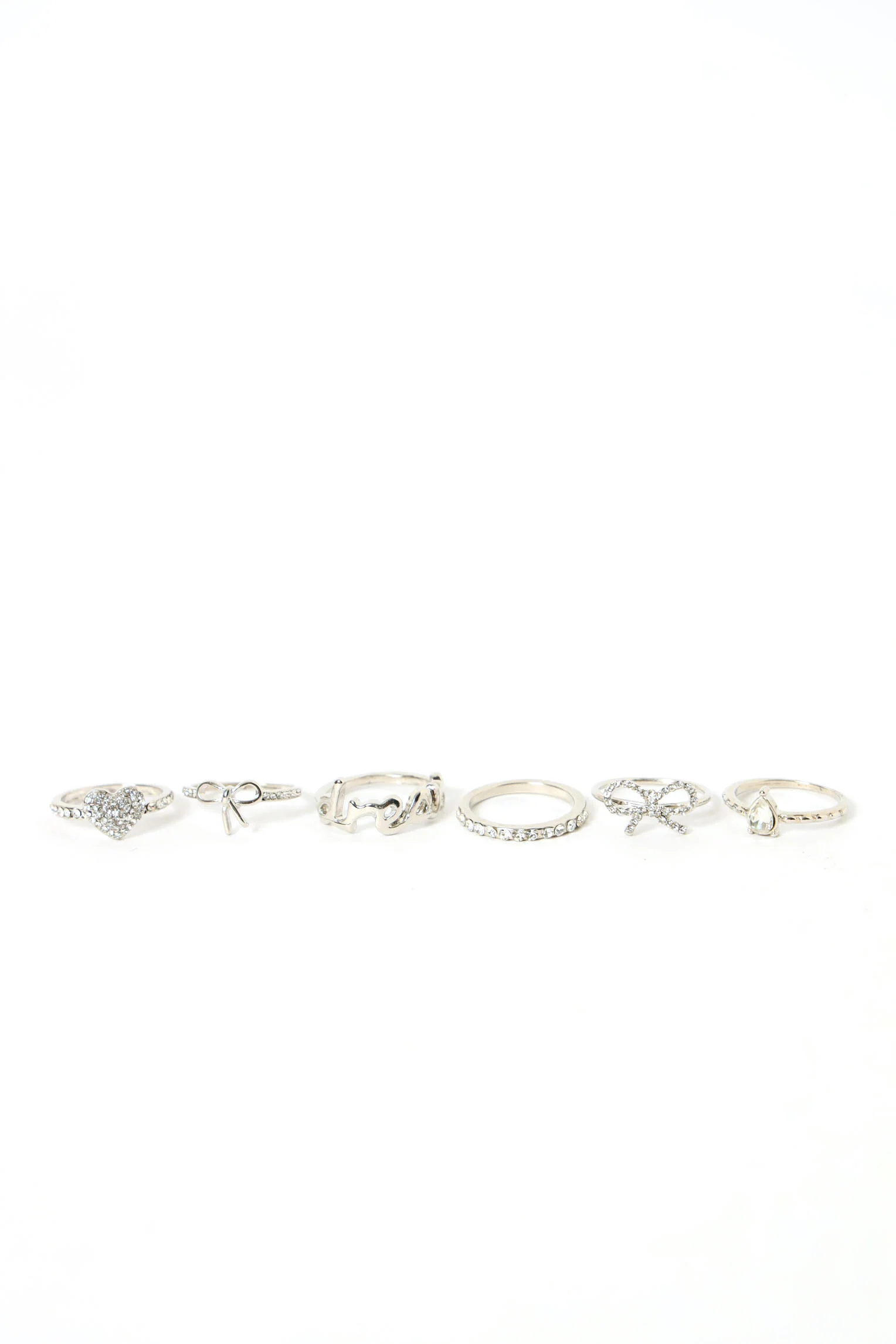 6  Pack Diamante Heart & Slogan Rings - Silver - Image 2